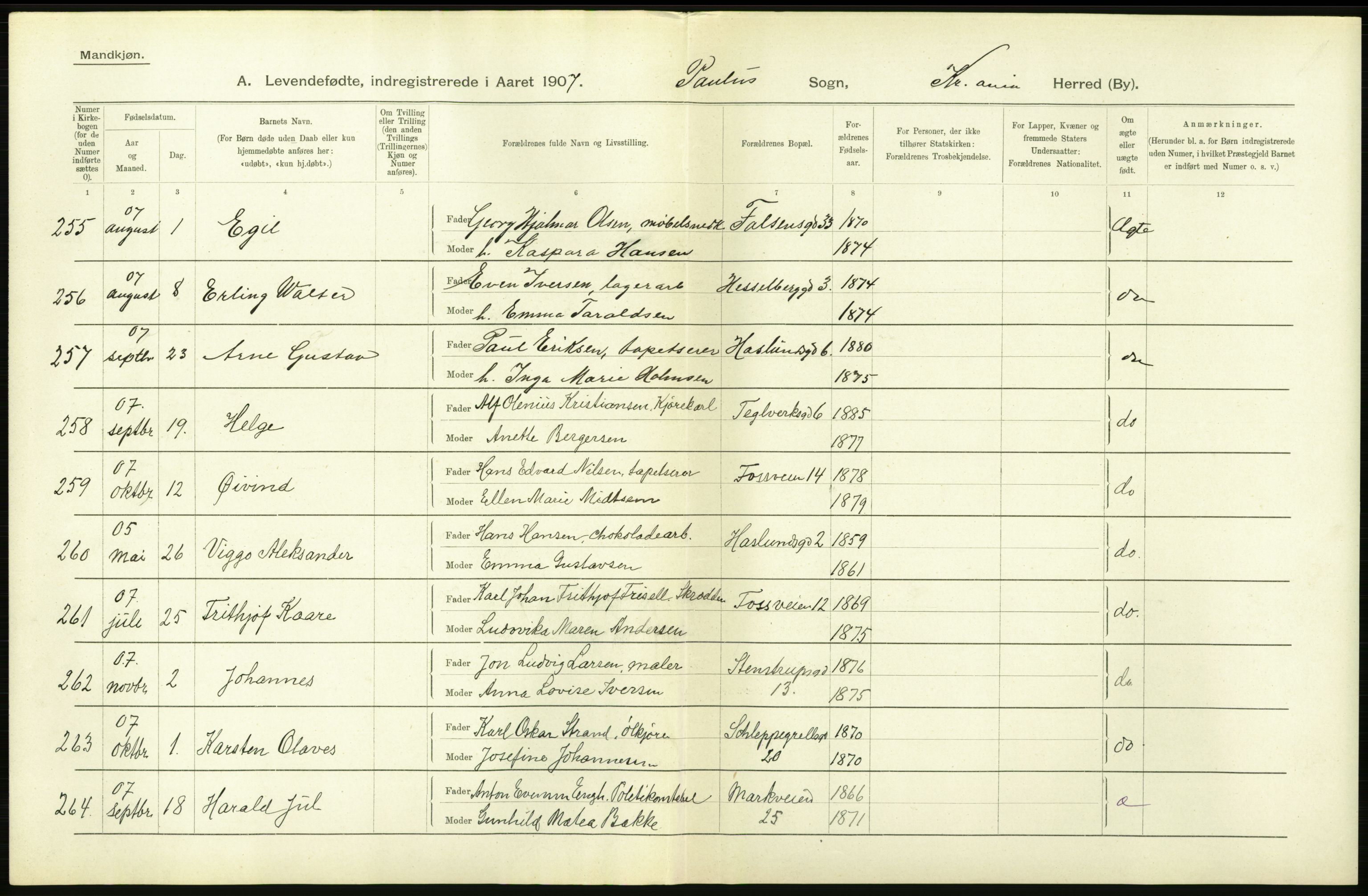 Statistisk sentralbyrå, Sosiodemografiske emner, Befolkning, AV/RA-S-2228/D/Df/Dfa/Dfae/L0006: Kristiania: Levendefødte menn og kvinner., 1907, s. 446