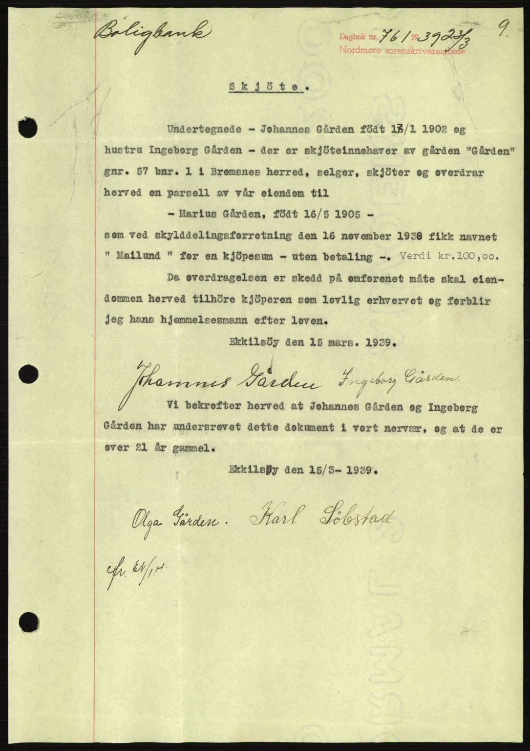 Nordmøre sorenskriveri, SAT/A-4132/1/2/2Ca: Pantebok nr. A86, 1939-1939, Dagboknr: 761/1939