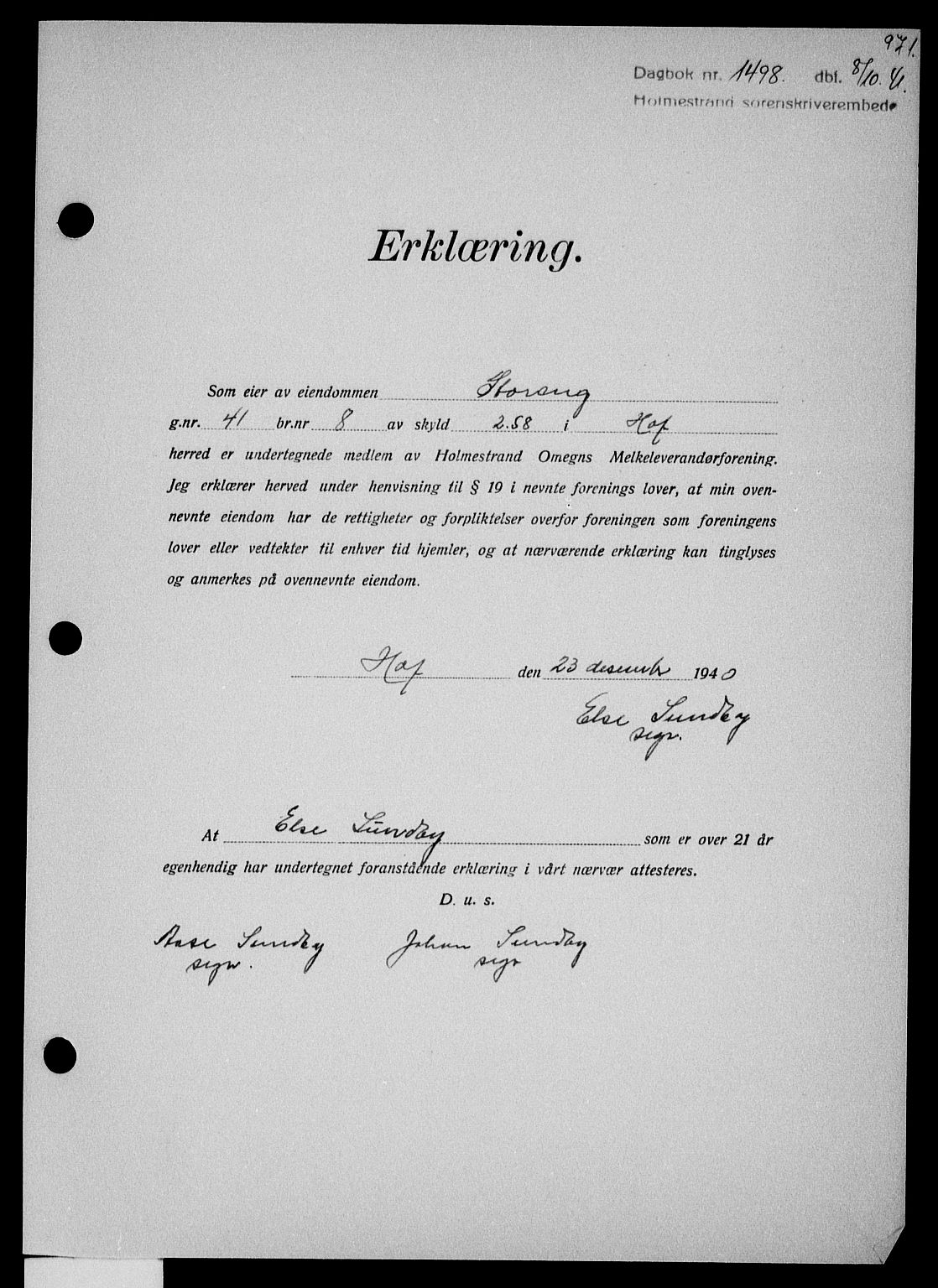 Holmestrand sorenskriveri, SAKO/A-67/G/Ga/Gaa/L0053: Pantebok nr. A-53, 1941-1941, Dagboknr: 1498/1941