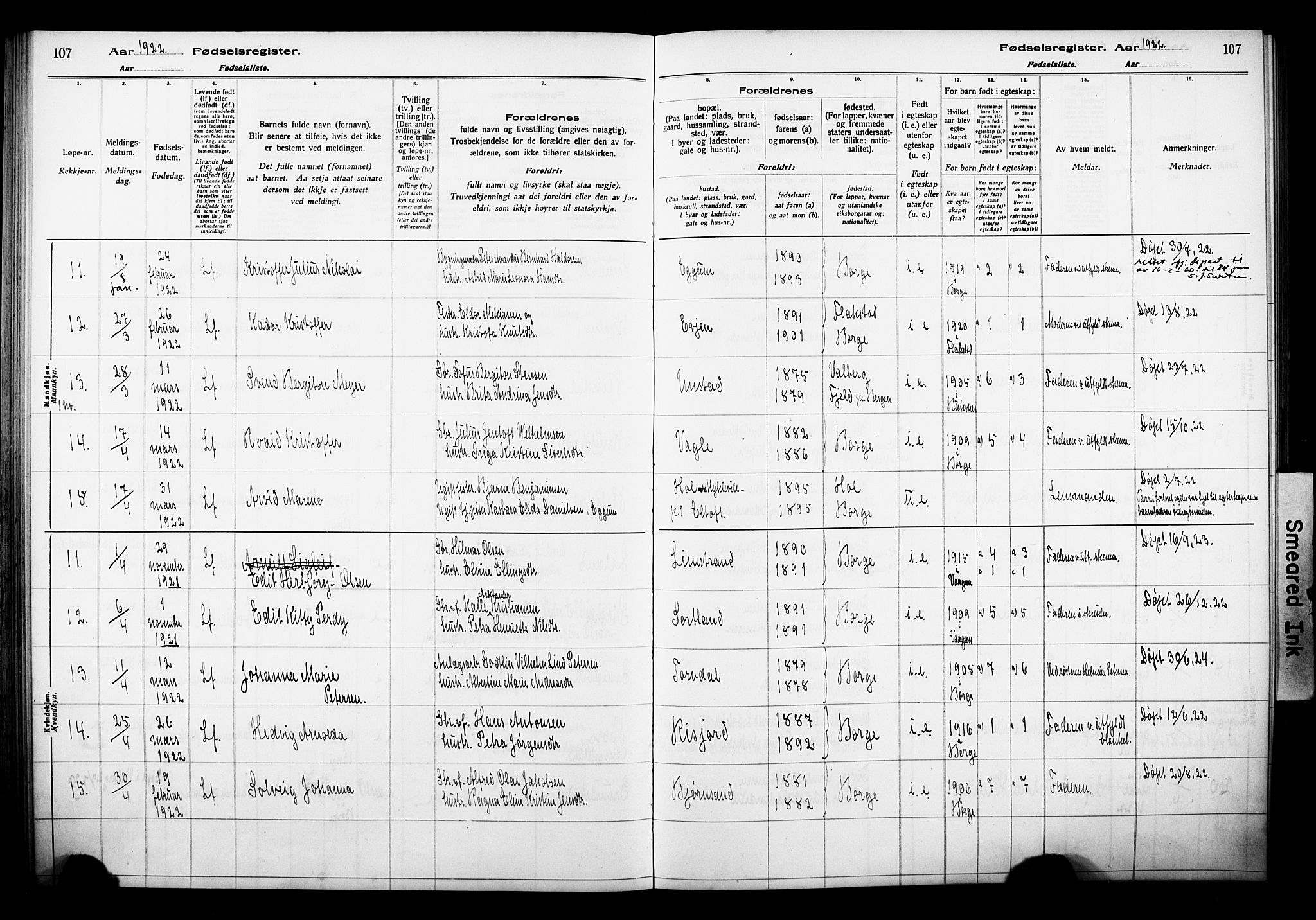 Ministerialprotokoller, klokkerbøker og fødselsregistre - Nordland, AV/SAT-A-1459/880/L1145: Fødselsregister nr. 880.II.4.1, 1916-1929, s. 107