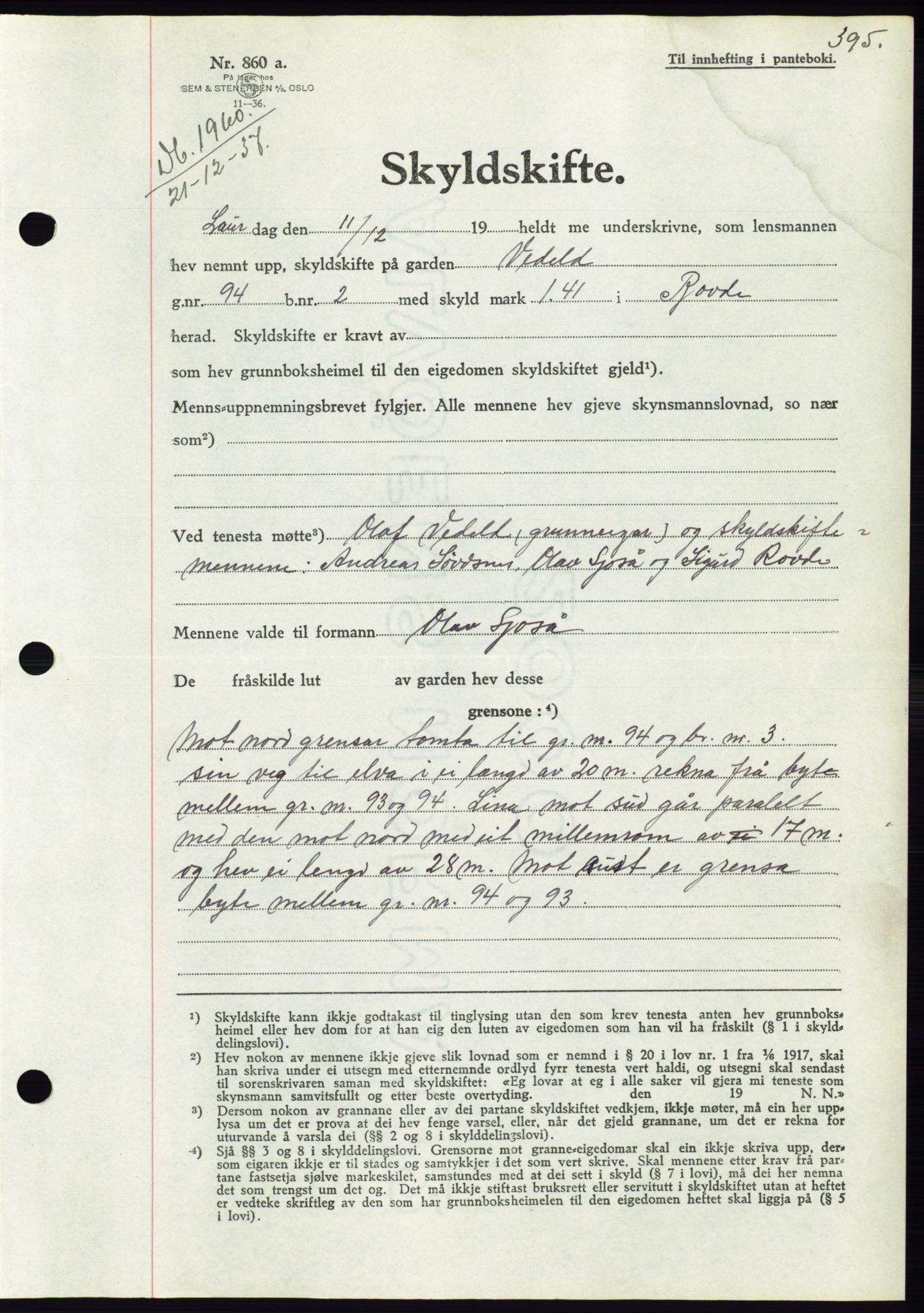 Søre Sunnmøre sorenskriveri, AV/SAT-A-4122/1/2/2C/L0064: Pantebok nr. 58, 1937-1938, Dagboknr: 1960/1937