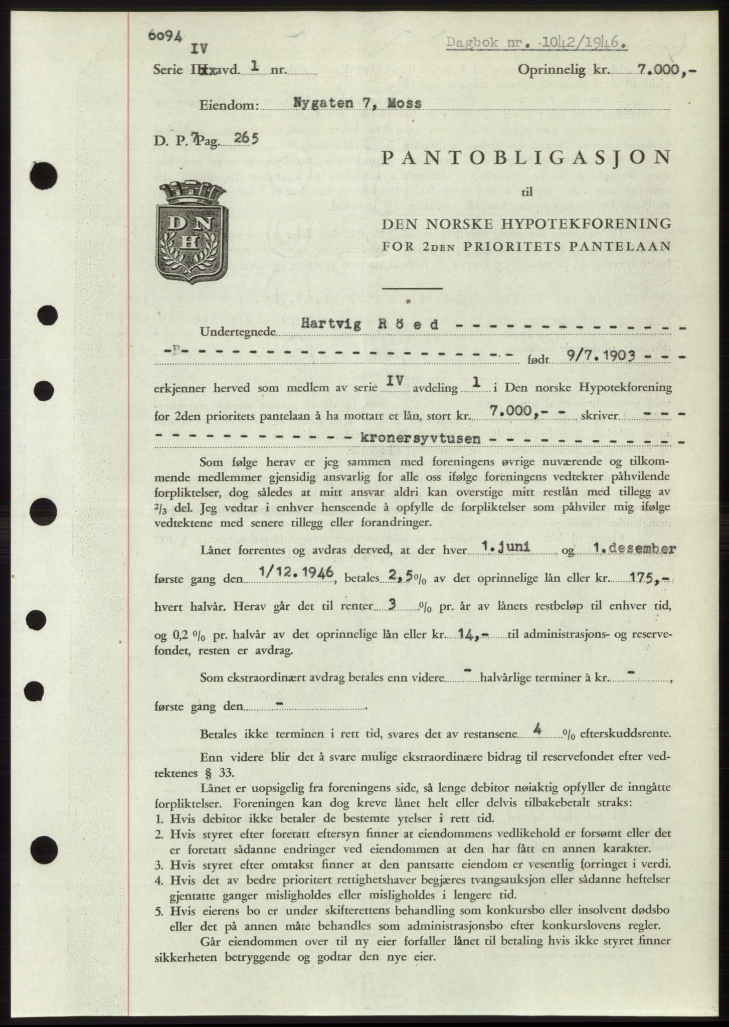 Moss sorenskriveri, SAO/A-10168: Pantebok nr. B15, 1946-1946, Dagboknr: 1042/1946