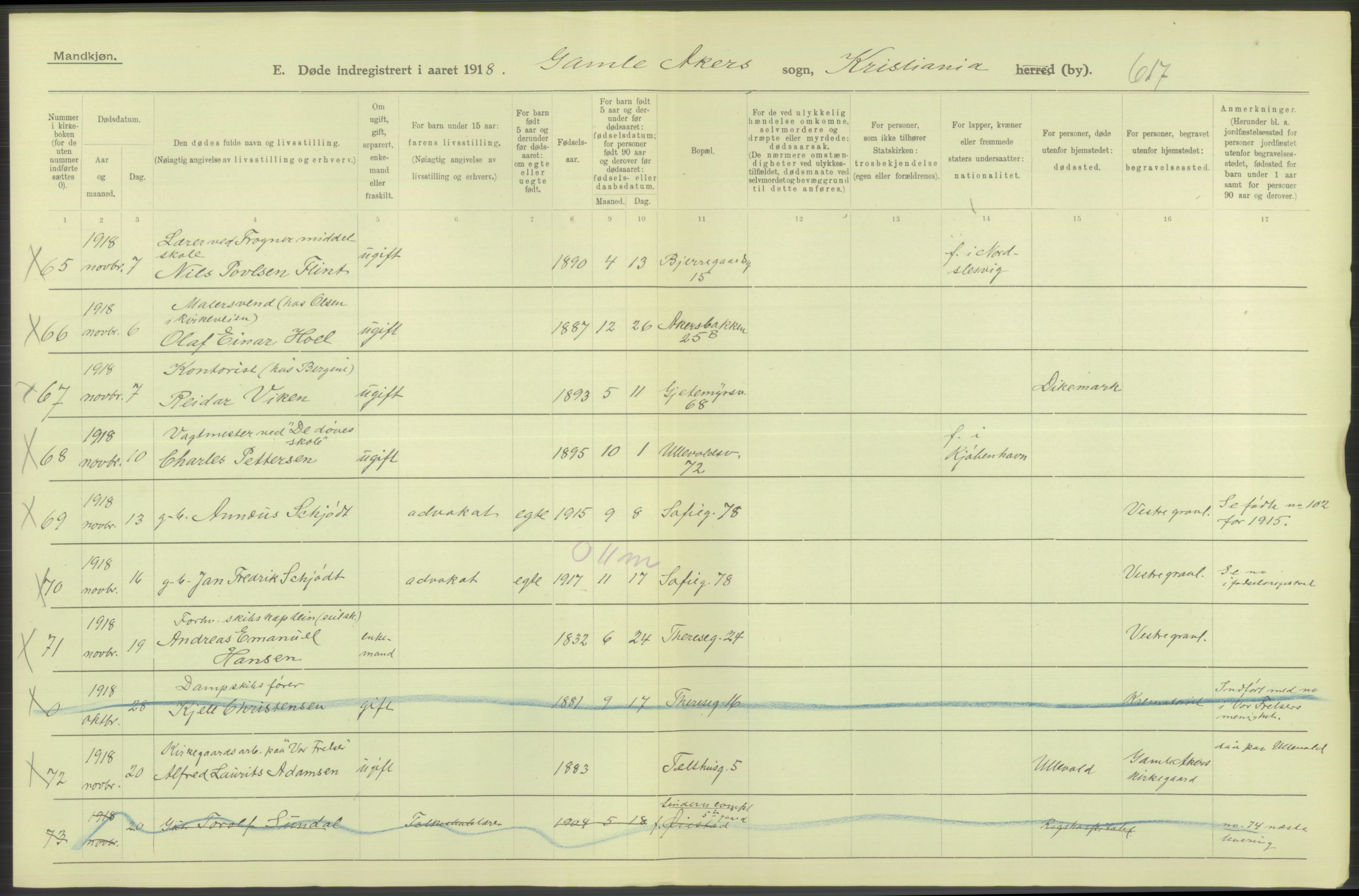 Statistisk sentralbyrå, Sosiodemografiske emner, Befolkning, AV/RA-S-2228/D/Df/Dfb/Dfbh/L0010: Kristiania: Døde, 1918, s. 334