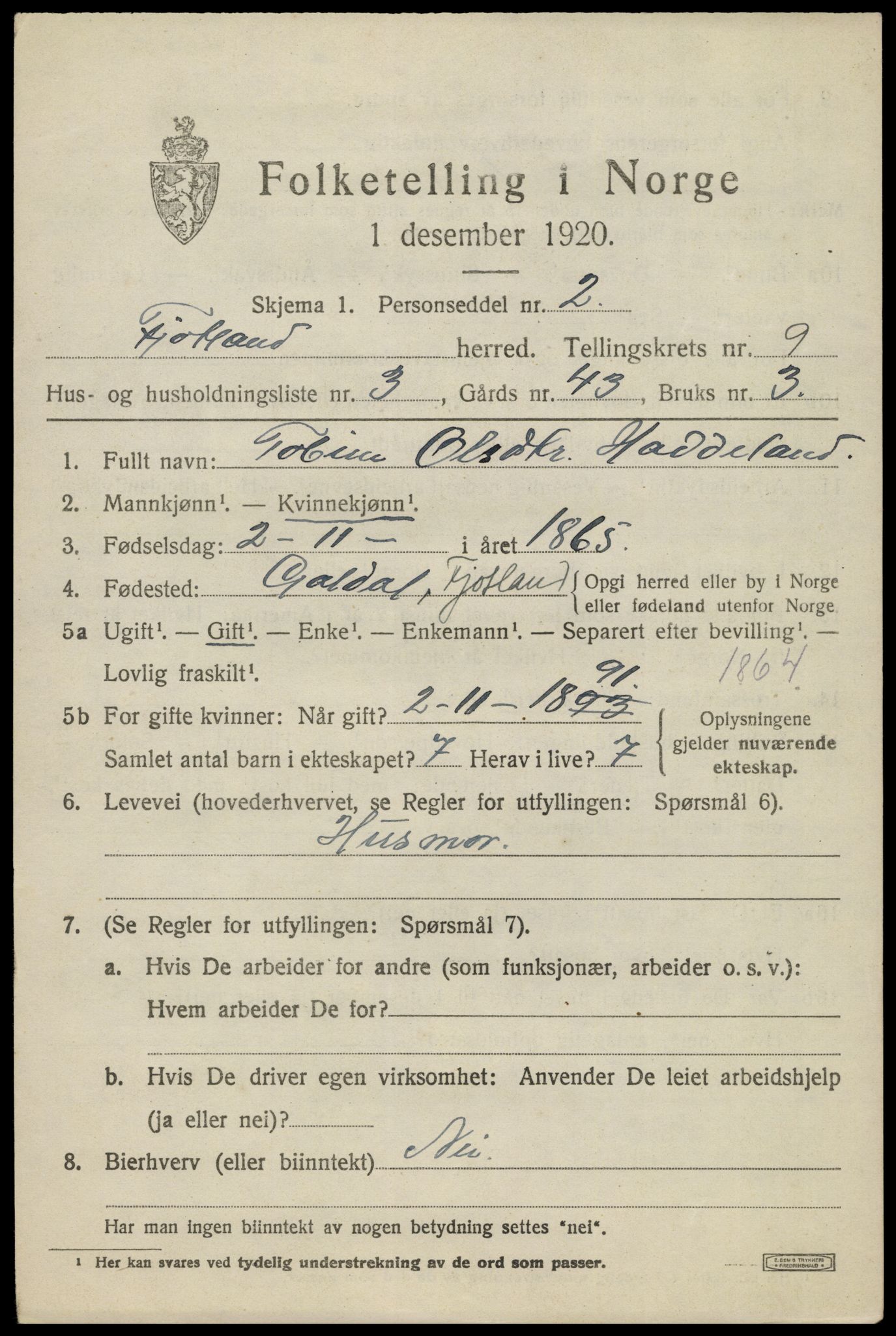 SAK, Folketelling 1920 for 1036 Fjotland herred, 1920, s. 2248