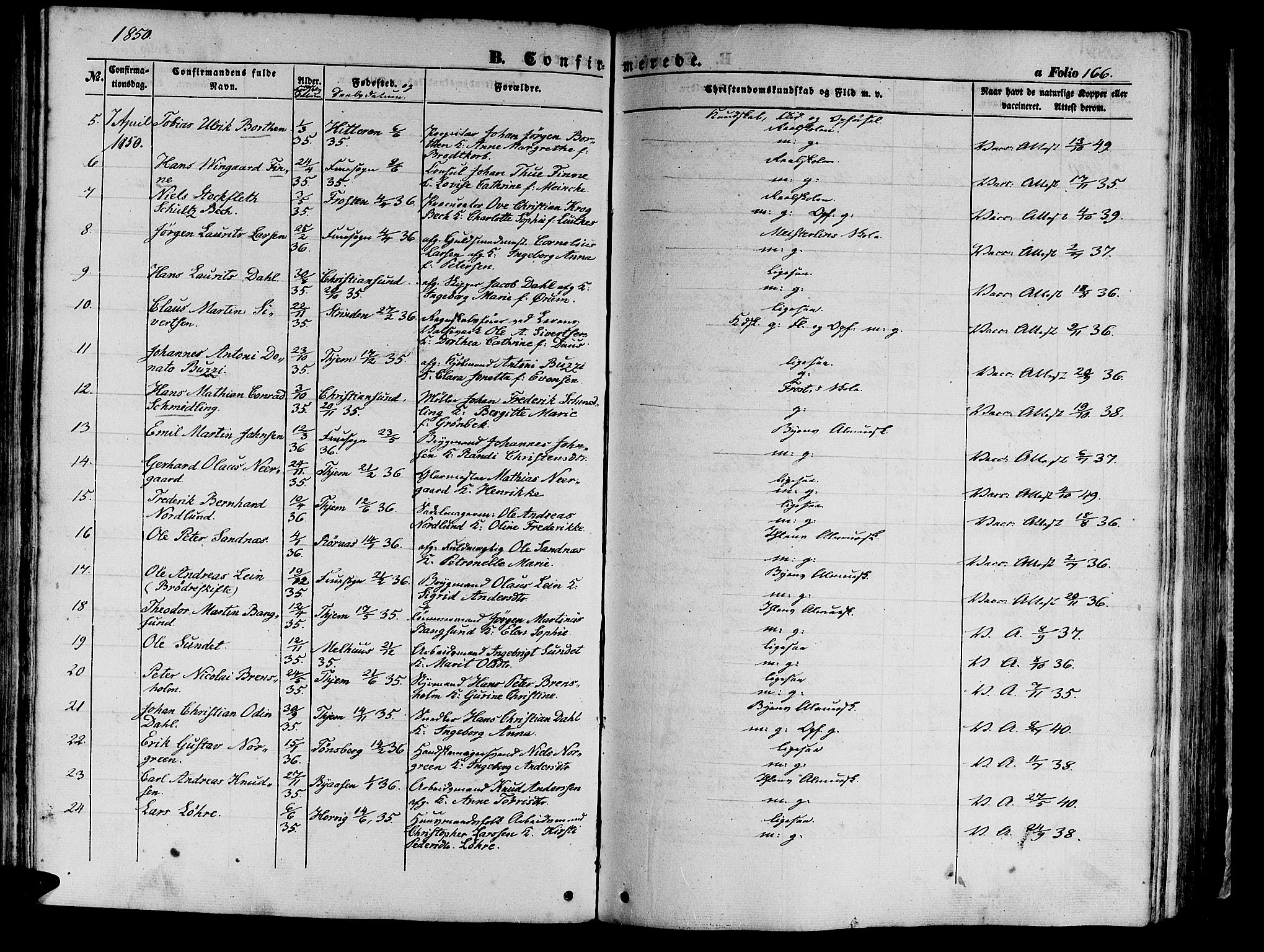 Ministerialprotokoller, klokkerbøker og fødselsregistre - Sør-Trøndelag, SAT/A-1456/602/L0137: Klokkerbok nr. 602C05, 1846-1856, s. 166
