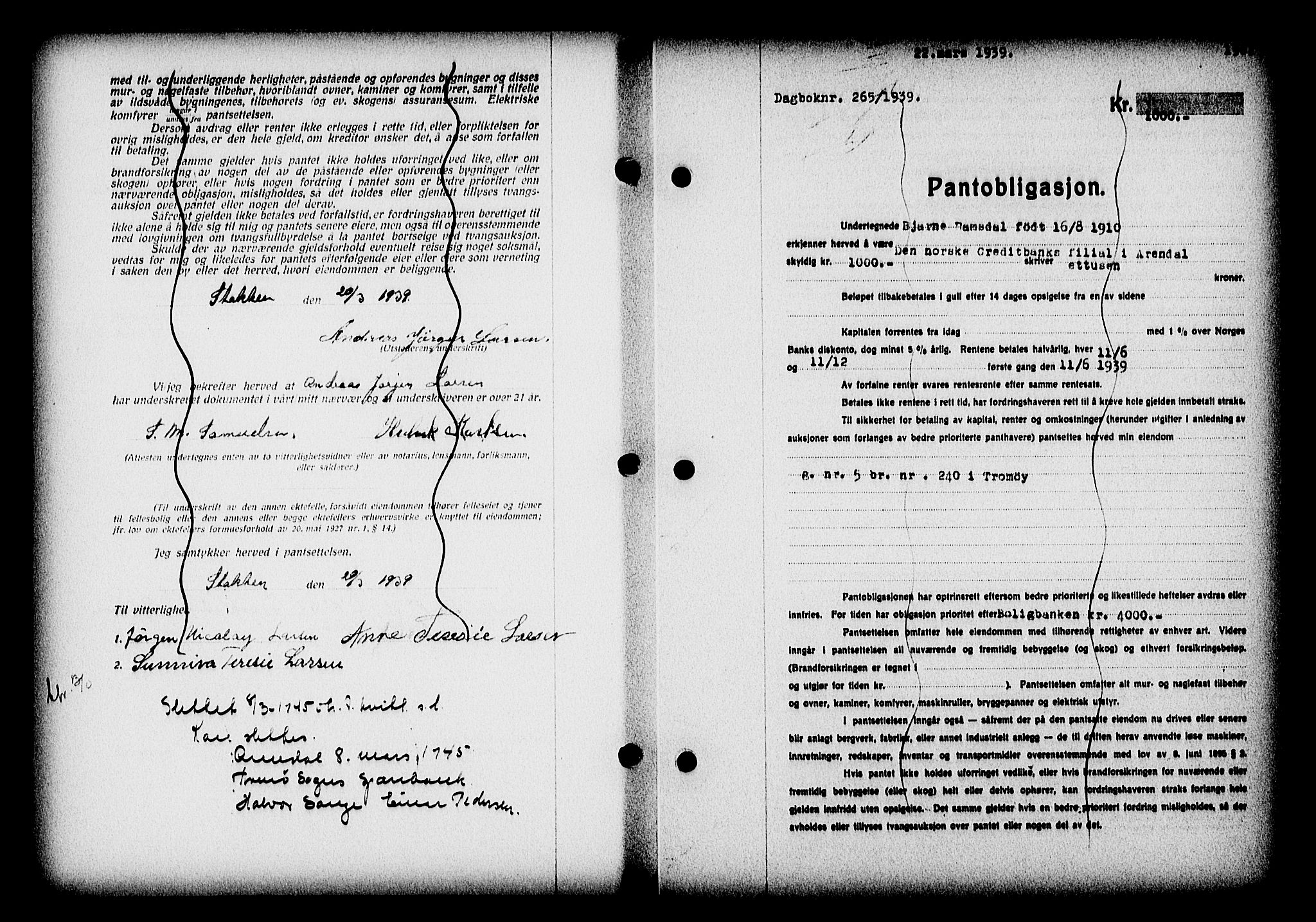 Nedenes sorenskriveri, AV/SAK-1221-0006/G/Gb/Gba/L0046: Pantebok nr. 42, 1938-1939, Dagboknr: 265/1939