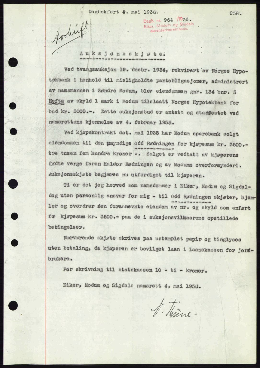 Eiker, Modum og Sigdal sorenskriveri, SAKO/A-123/G/Ga/Gab/L0032: Pantebok nr. A2, 1936-1936, Dagboknr: 964/1936