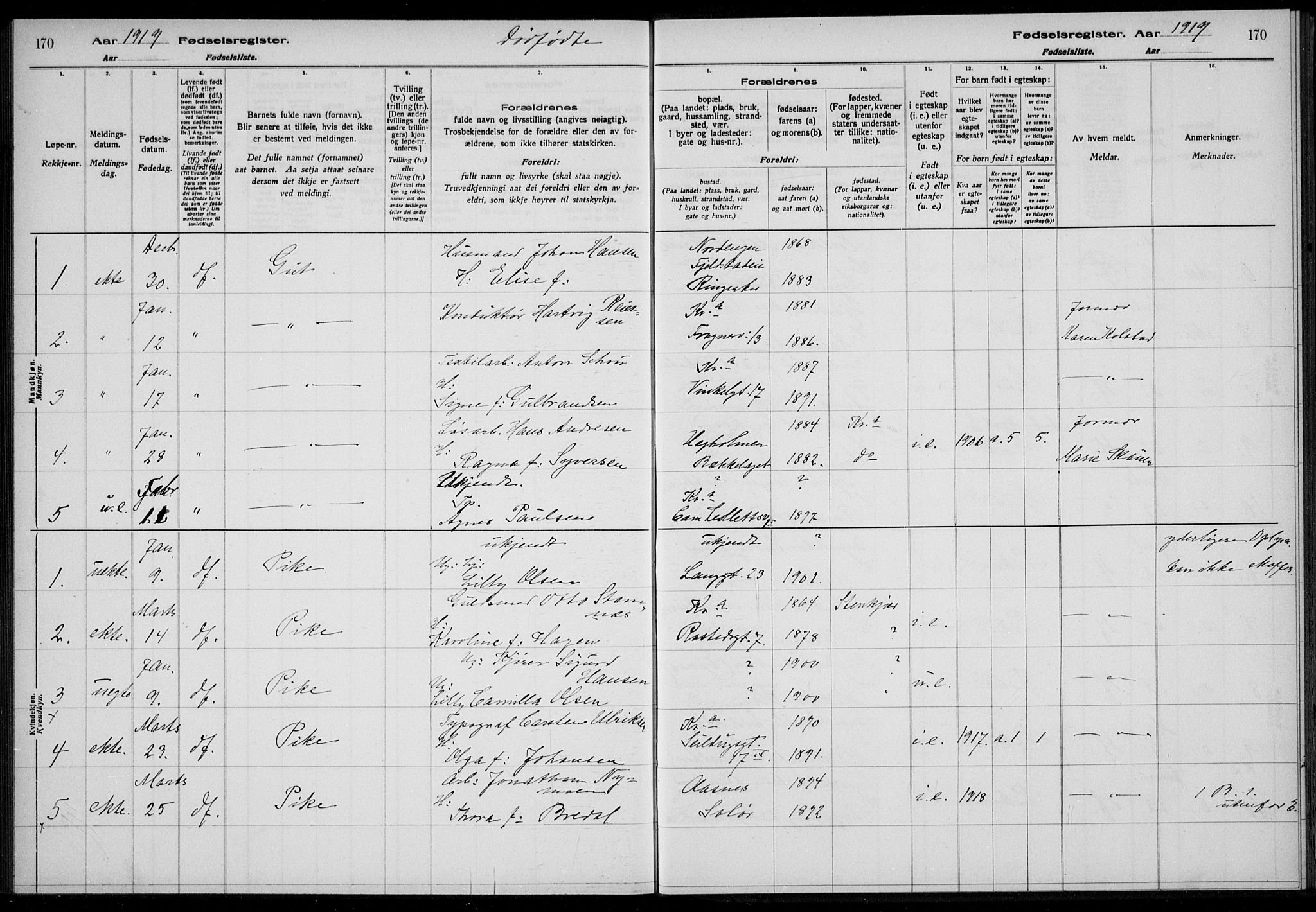 Rikshospitalet prestekontor Kirkebøker, SAO/A-10309b/J/L0004: Fødselsregister nr. 4, 1919-1919, s. 170