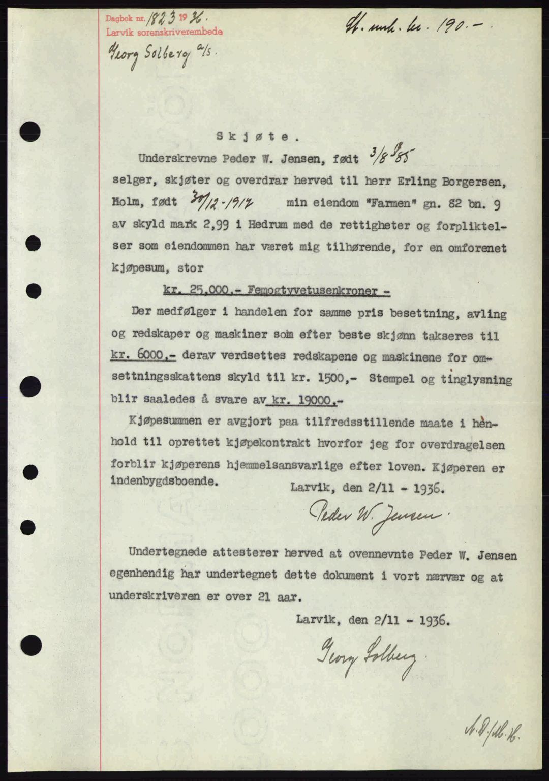 Larvik sorenskriveri, SAKO/A-83/G/Ga/Gab/L0067: Pantebok nr. A-1, 1936-1937, Dagboknr: 1823/1936