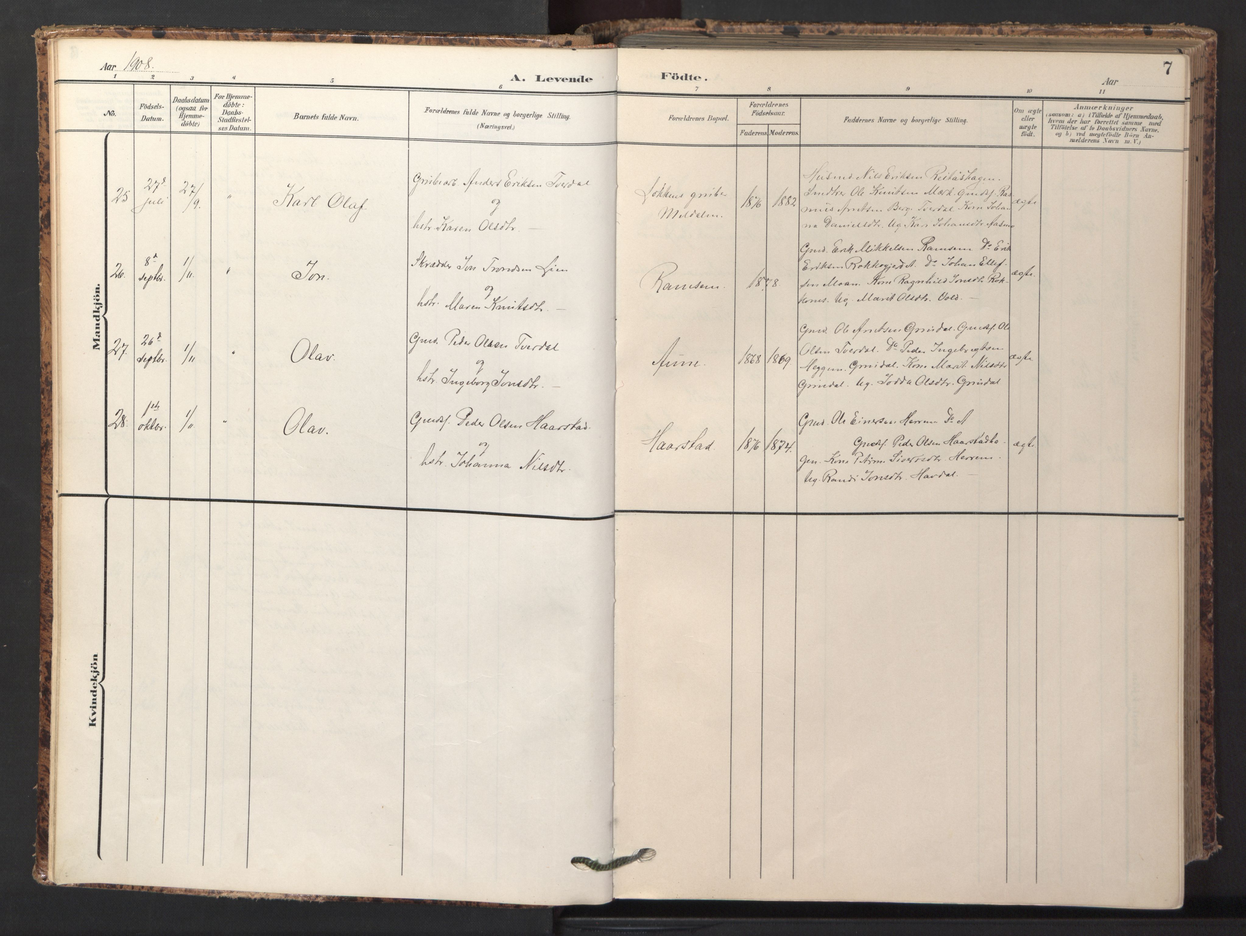 Ministerialprotokoller, klokkerbøker og fødselsregistre - Sør-Trøndelag, AV/SAT-A-1456/674/L0873: Ministerialbok nr. 674A05, 1908-1923, s. 7