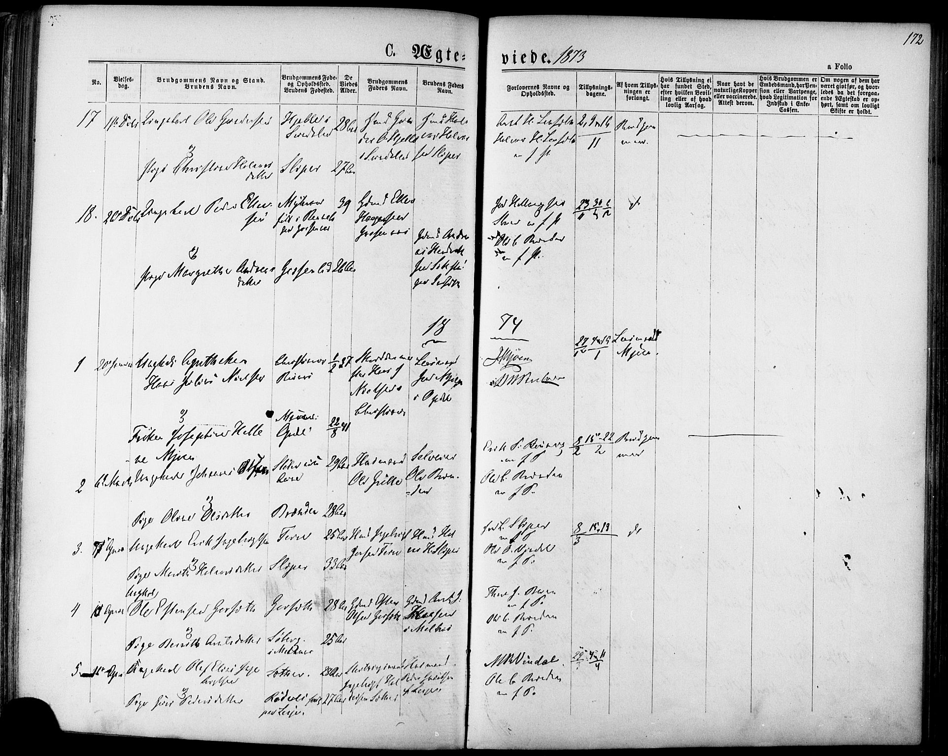 Ministerialprotokoller, klokkerbøker og fødselsregistre - Sør-Trøndelag, AV/SAT-A-1456/678/L0900: Ministerialbok nr. 678A09, 1872-1881, s. 172