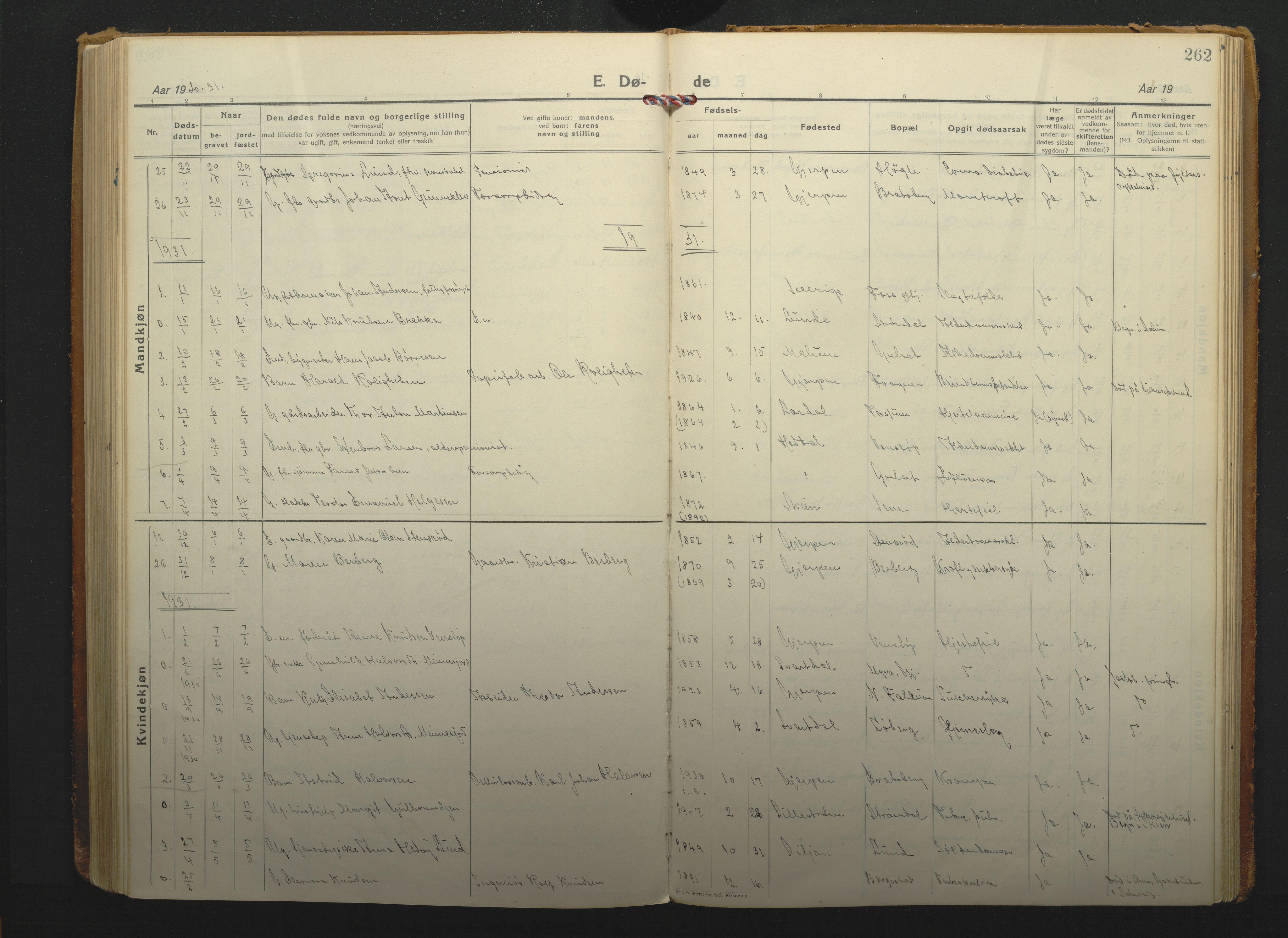 Gjerpen kirkebøker, SAKO/A-265/F/Fa/L0014: Ministerialbok nr. I 14, 1925-1938, s. 262
