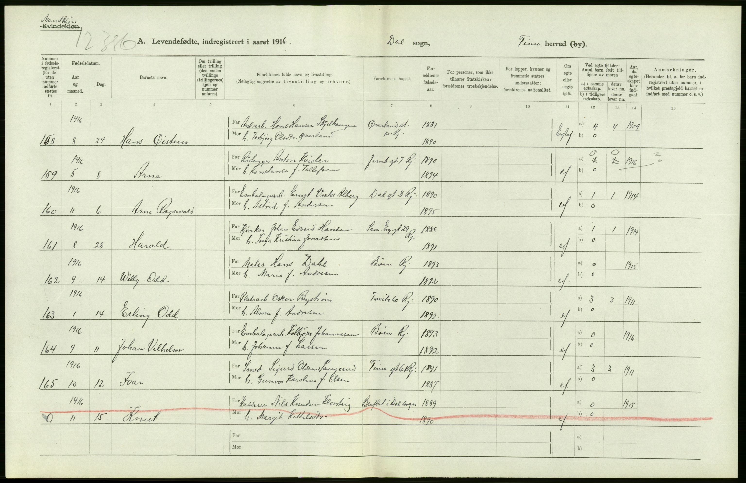 Statistisk sentralbyrå, Sosiodemografiske emner, Befolkning, RA/S-2228/D/Df/Dfb/Dfbf/L0022: Bratsberg amt: Levendefødte menn og kvinner. Bygder., 1916, s. 182