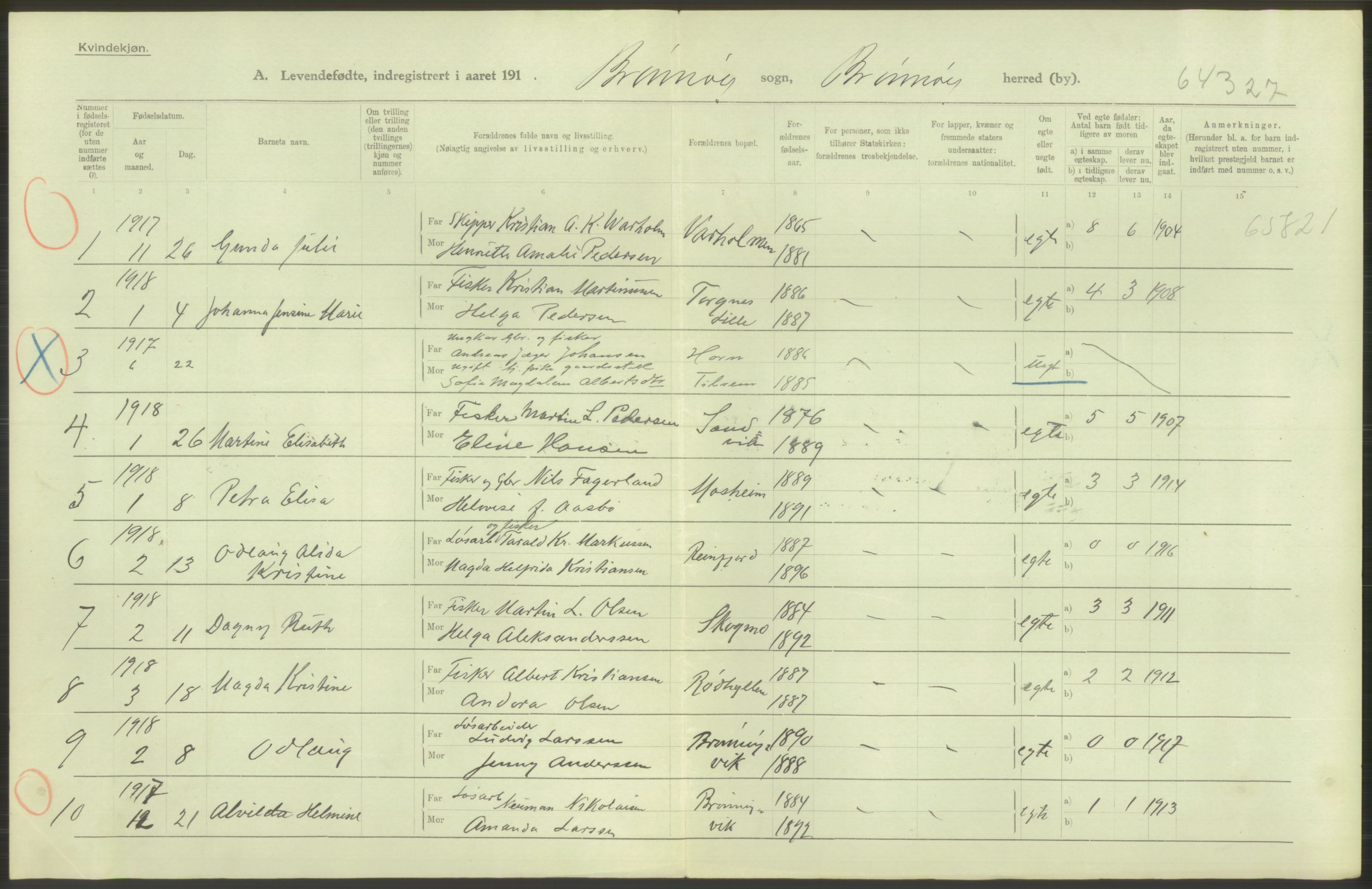 Statistisk sentralbyrå, Sosiodemografiske emner, Befolkning, AV/RA-S-2228/D/Df/Dfb/Dfbh/L0052: Nordland fylke: Levendefødte menn og kvinner. Bygder., 1918, s. 370