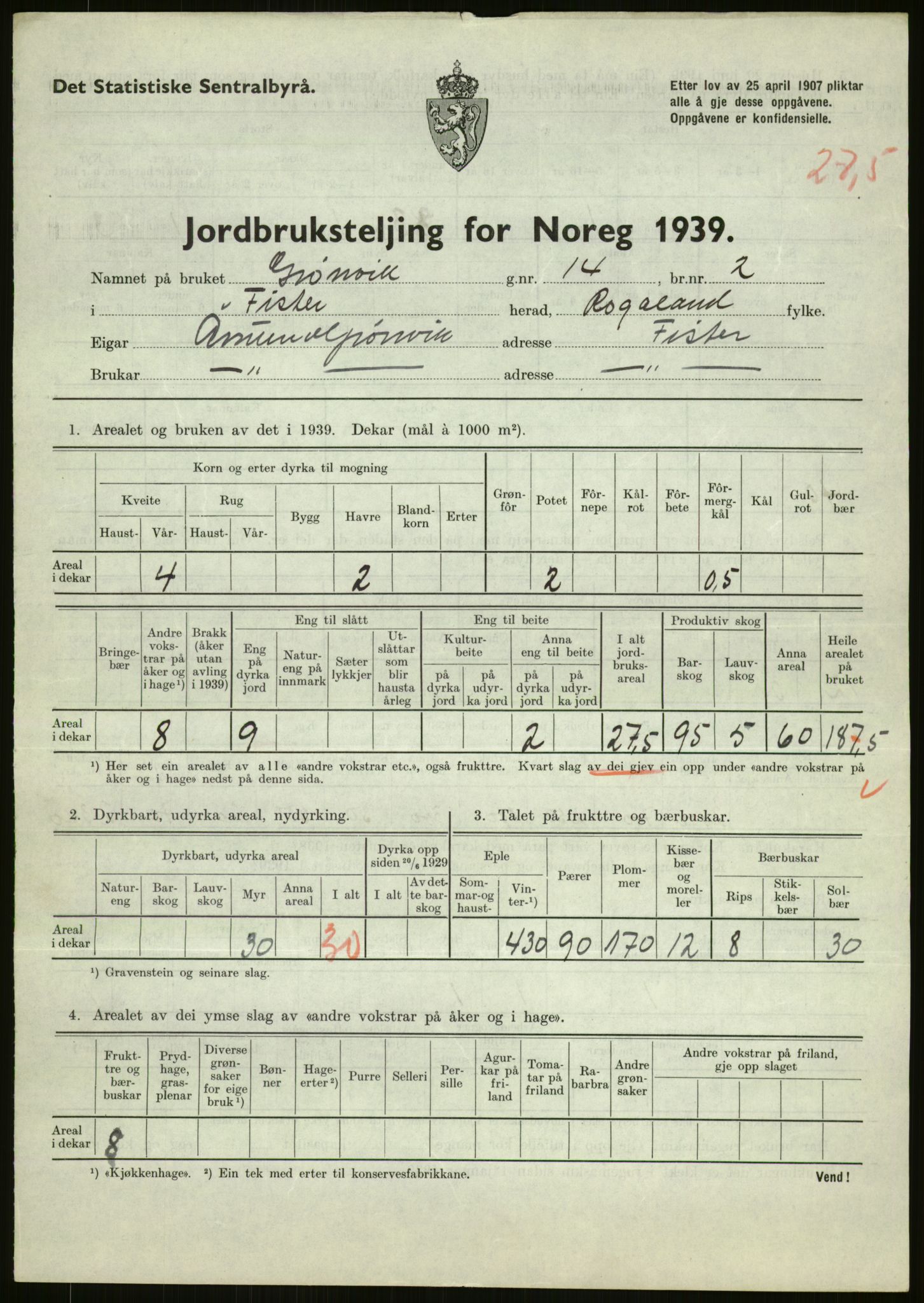 Statistisk sentralbyrå, Næringsøkonomiske emner, Jordbruk, skogbruk, jakt, fiske og fangst, AV/RA-S-2234/G/Gb/L0184: Rogaland: Årdal, Fister og Hjelmeland, 1939, s. 217