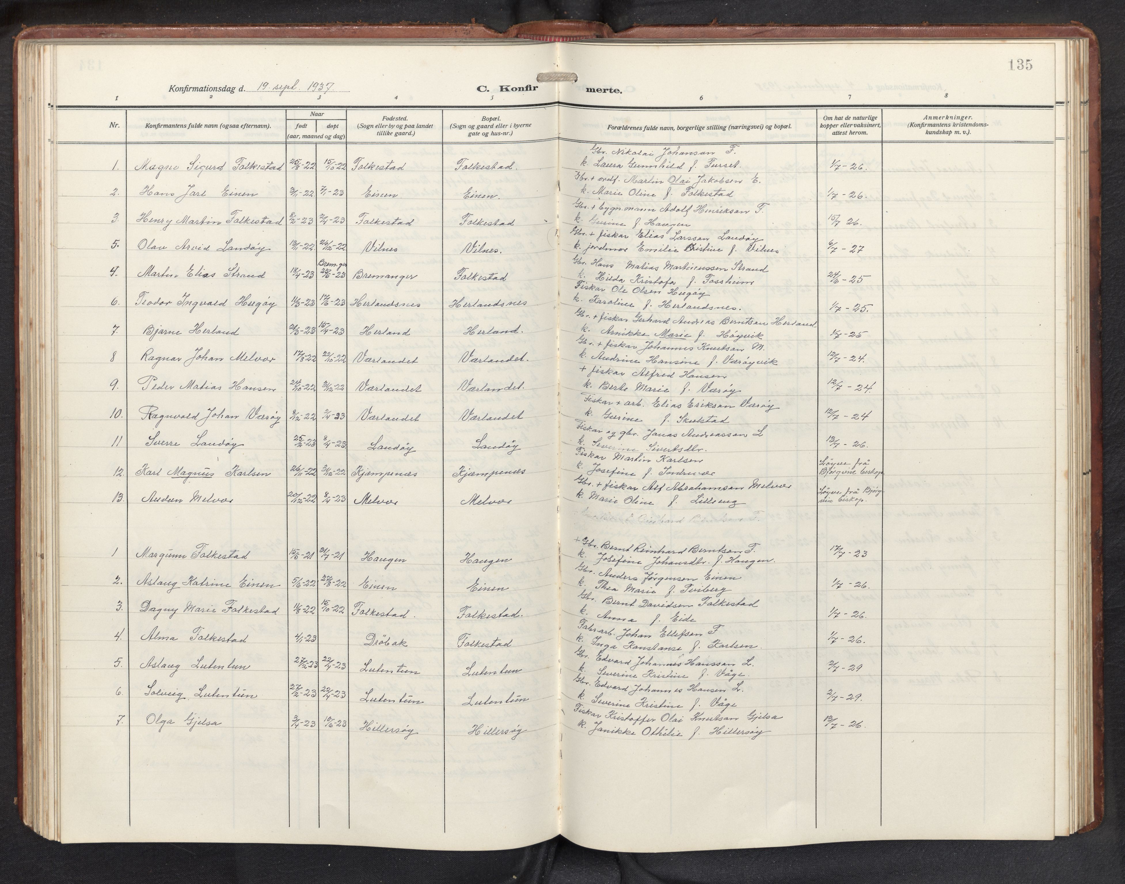 Askvoll sokneprestembete, AV/SAB-A-79501/H/Hab/Habb/L0002: Klokkerbok nr. B 2, 1910-1947, s. 134b-135a