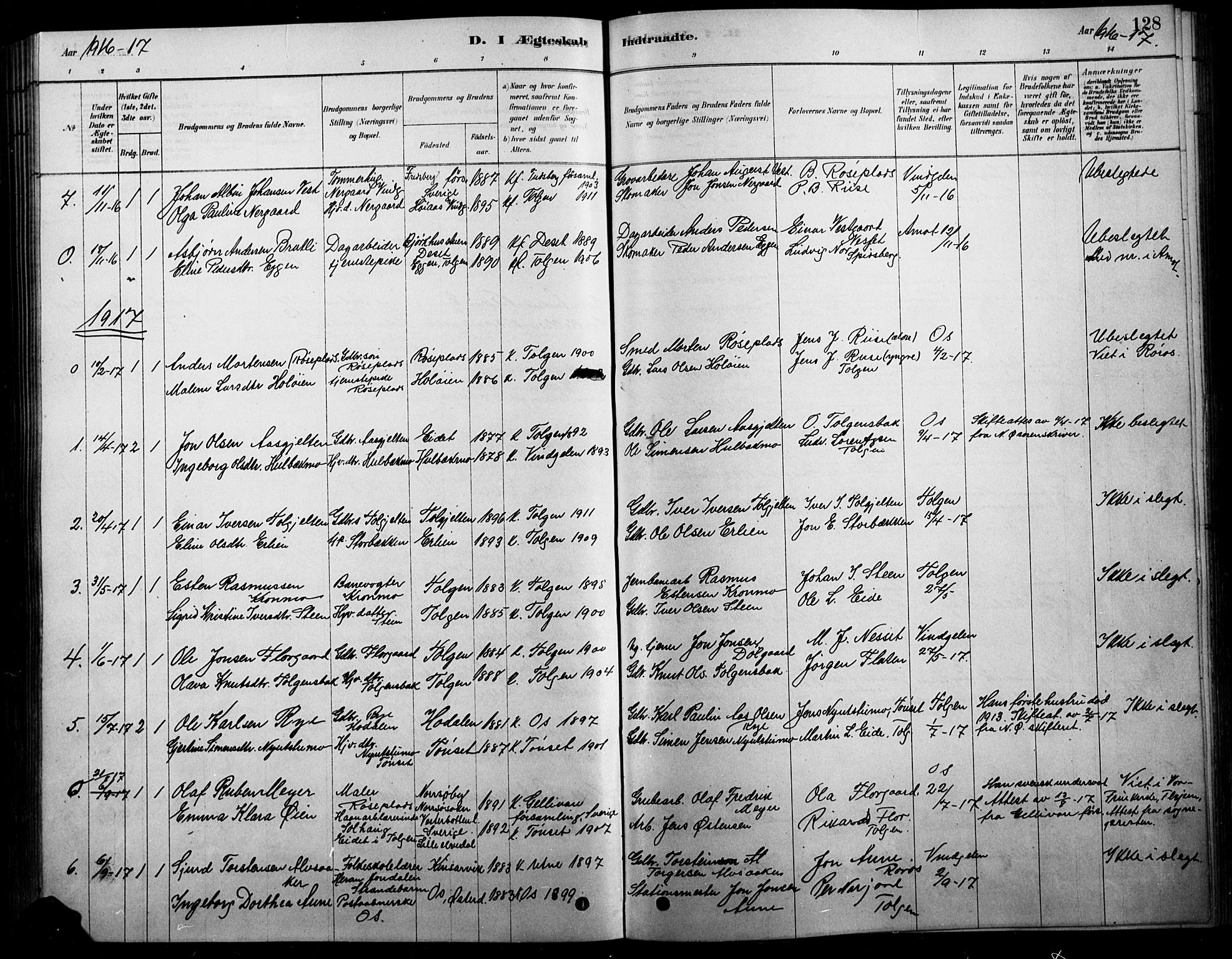 Tolga prestekontor, AV/SAH-PREST-062/L/L0007: Klokkerbok nr. 7, 1878-1919, s. 128