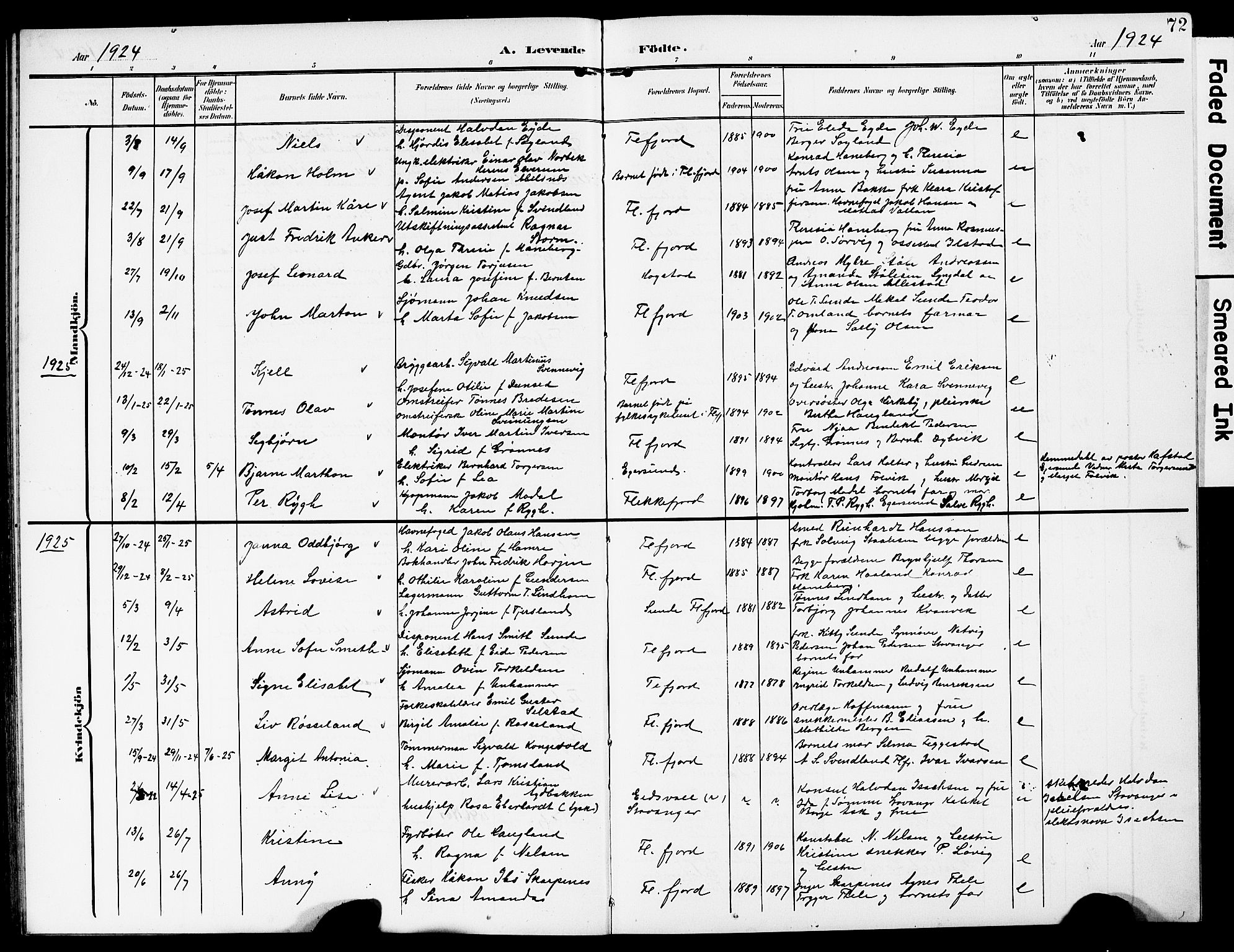 Flekkefjord sokneprestkontor, AV/SAK-1111-0012/F/Fb/Fba/L0001: Klokkerbok nr. B 1, 1903-1931, s. 72