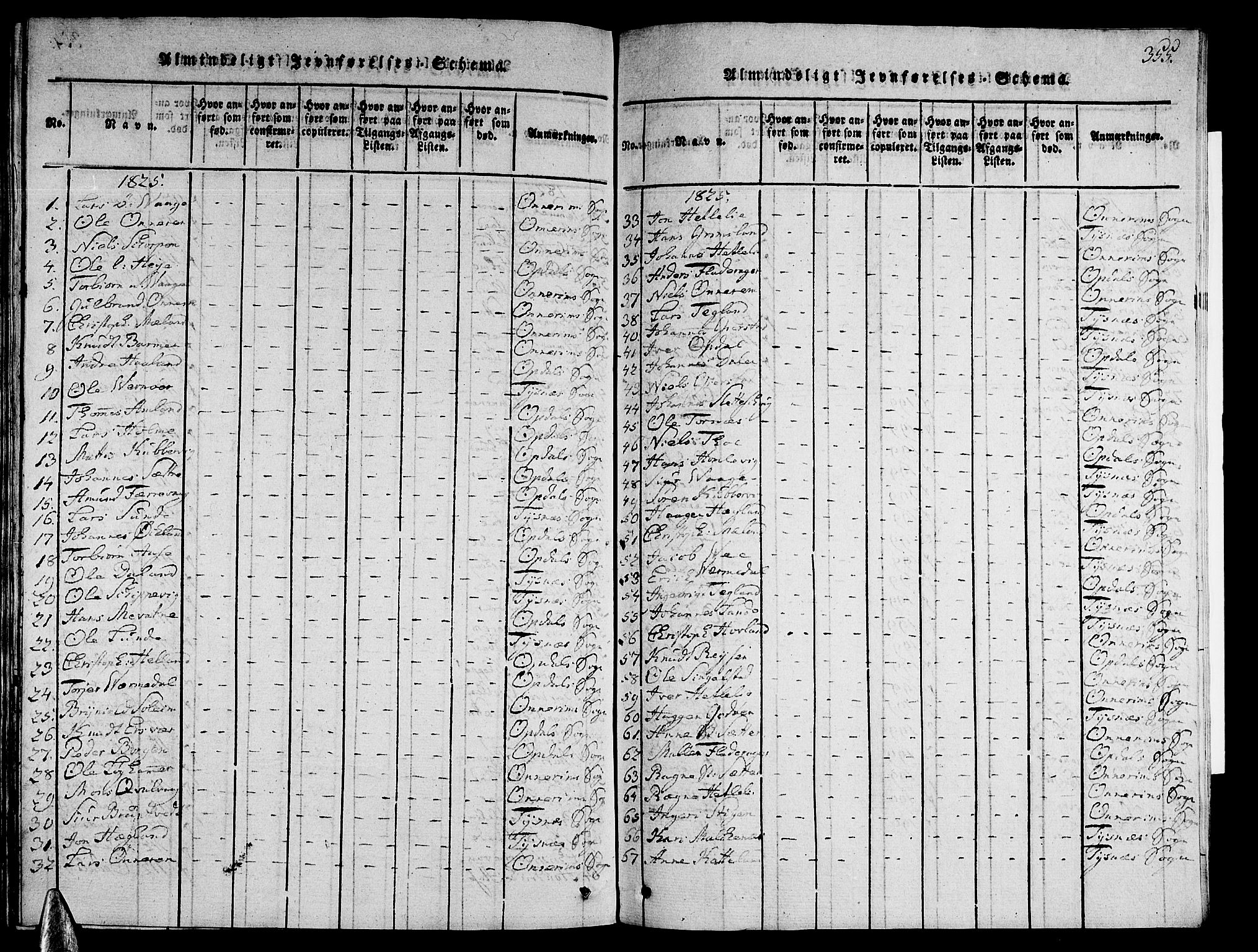 Tysnes sokneprestembete, SAB/A-78601/H/Hab: Klokkerbok nr. A 1, 1816-1828, s. 355