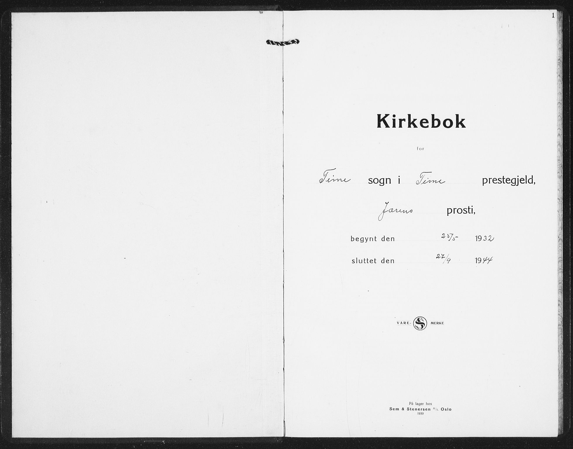 Time sokneprestkontor, AV/SAST-A-101795/001/30BB/L0002: Klokkerbok nr. B 2, 1932-1944, s. 1