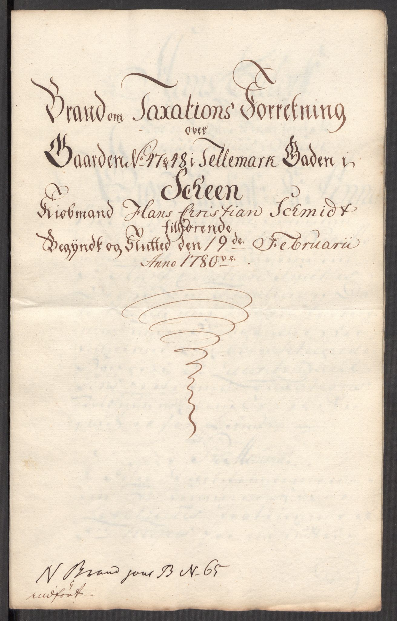 Kommersekollegiet, Brannforsikringskontoret 1767-1814, AV/RA-EA-5458/F/Fa/L0044b/0003: Skien / Branntakst over "Gaareden No 47 & 48 i Tellemark Gaden i Scheen Kiøbmand Hans Christian Schmidt tilhørende"., 1780