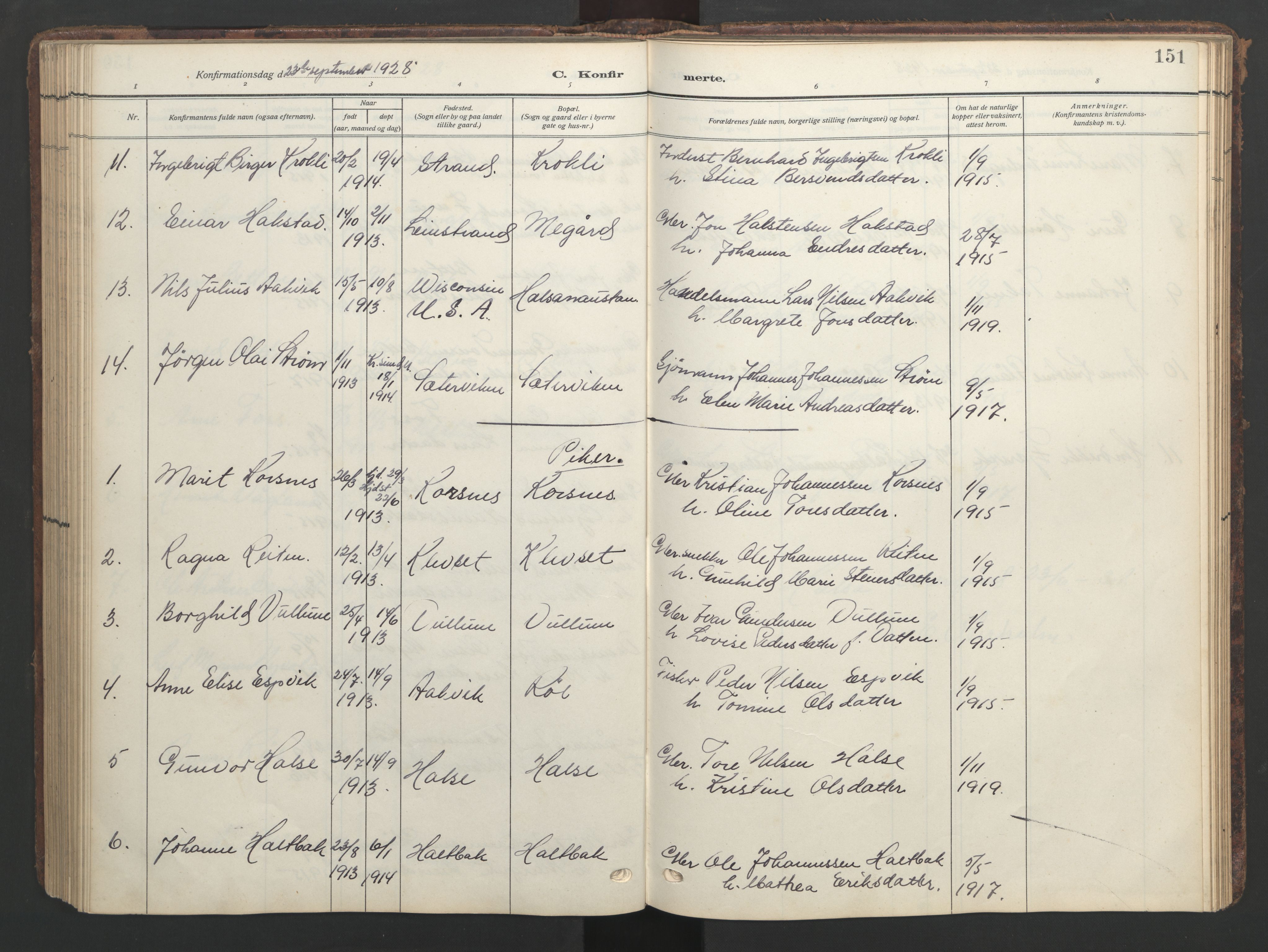 Ministerialprotokoller, klokkerbøker og fødselsregistre - Møre og Romsdal, AV/SAT-A-1454/576/L0891: Klokkerbok nr. 576C02, 1909-1946, s. 151