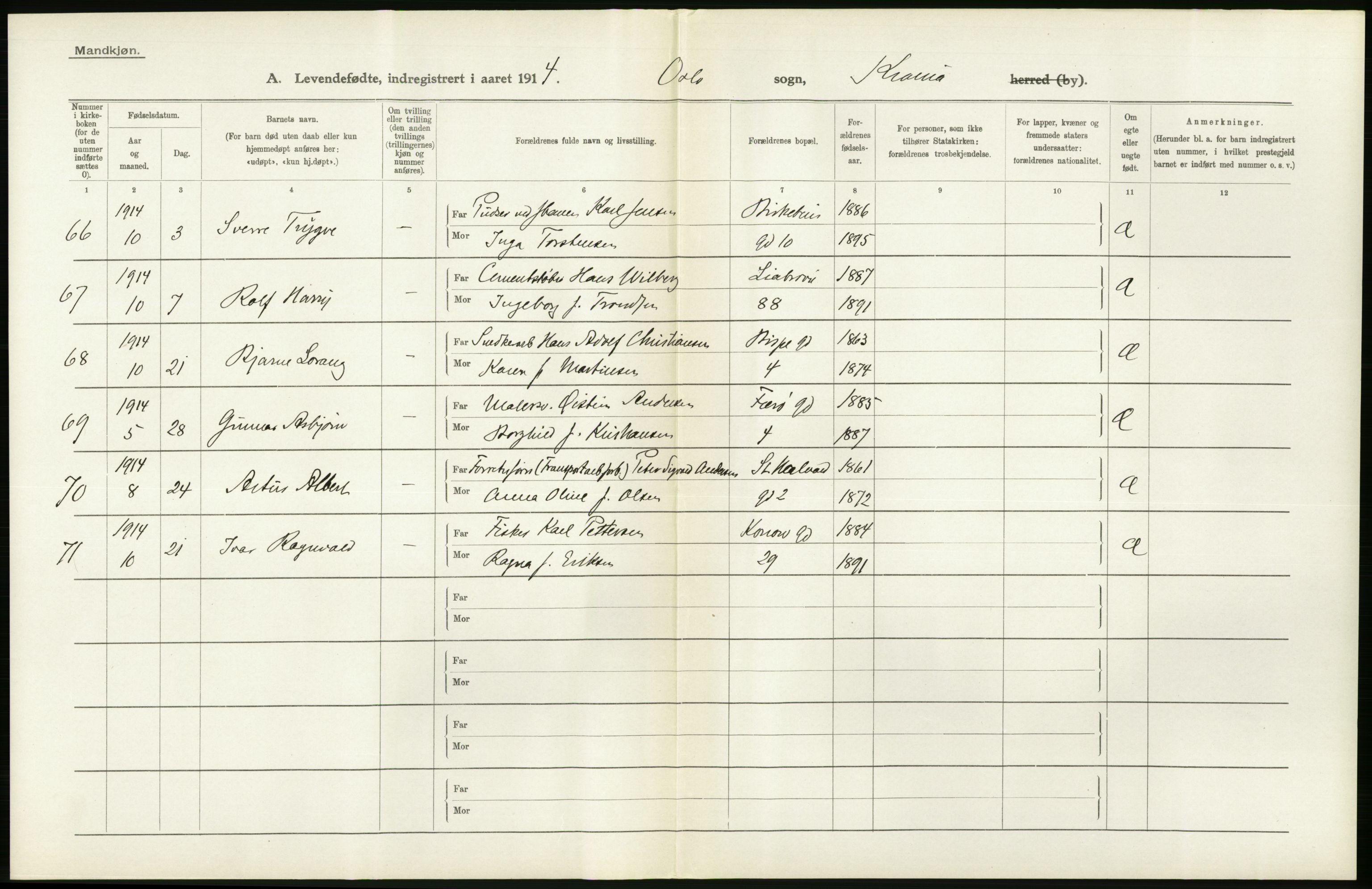 Statistisk sentralbyrå, Sosiodemografiske emner, Befolkning, RA/S-2228/D/Df/Dfb/Dfbd/L0005: Kristiania: Levendefødte menn og kvinner., 1914, s. 488