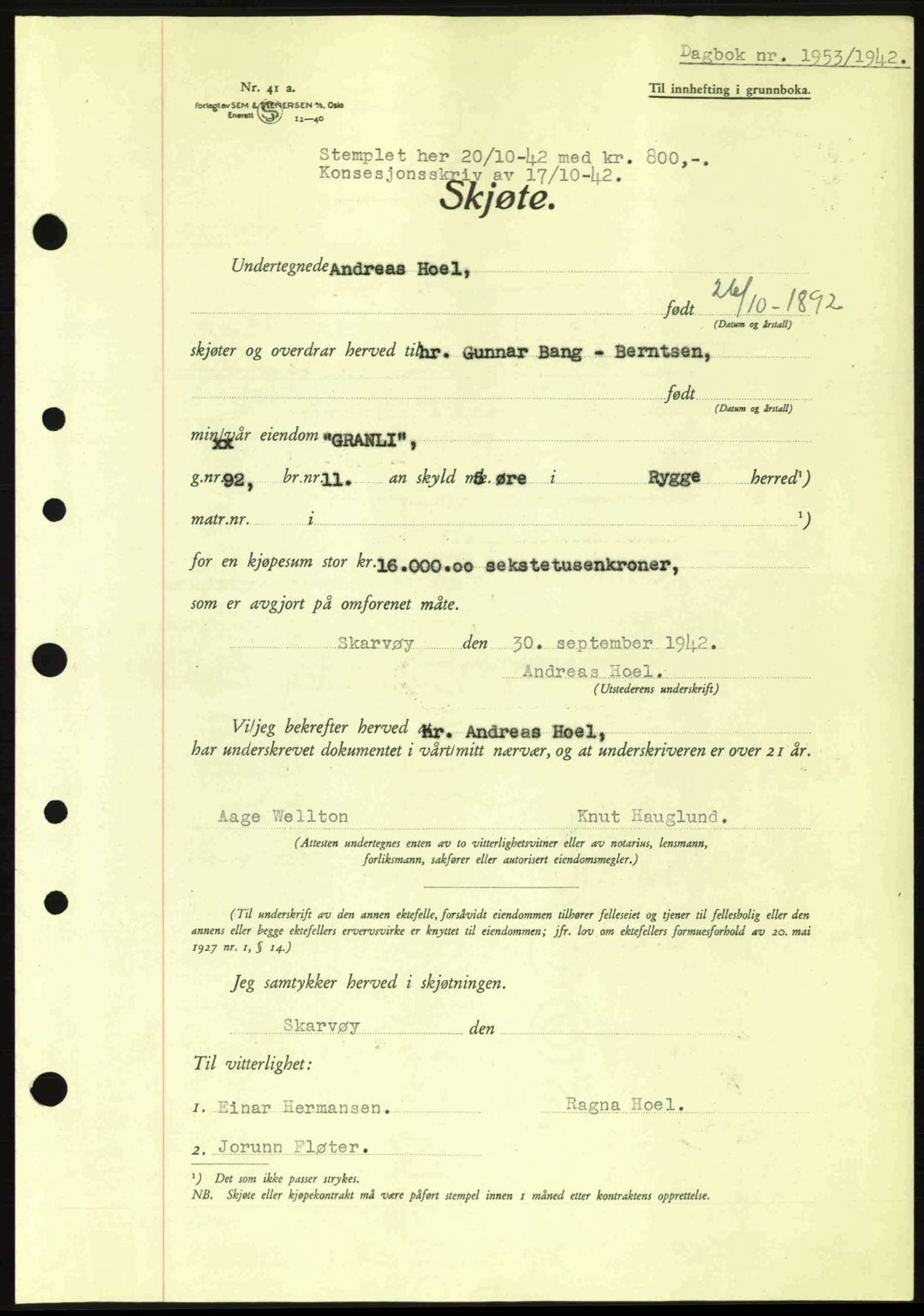 Moss sorenskriveri, SAO/A-10168: Pantebok nr. A10, 1942-1943, Dagboknr: 1953/1942