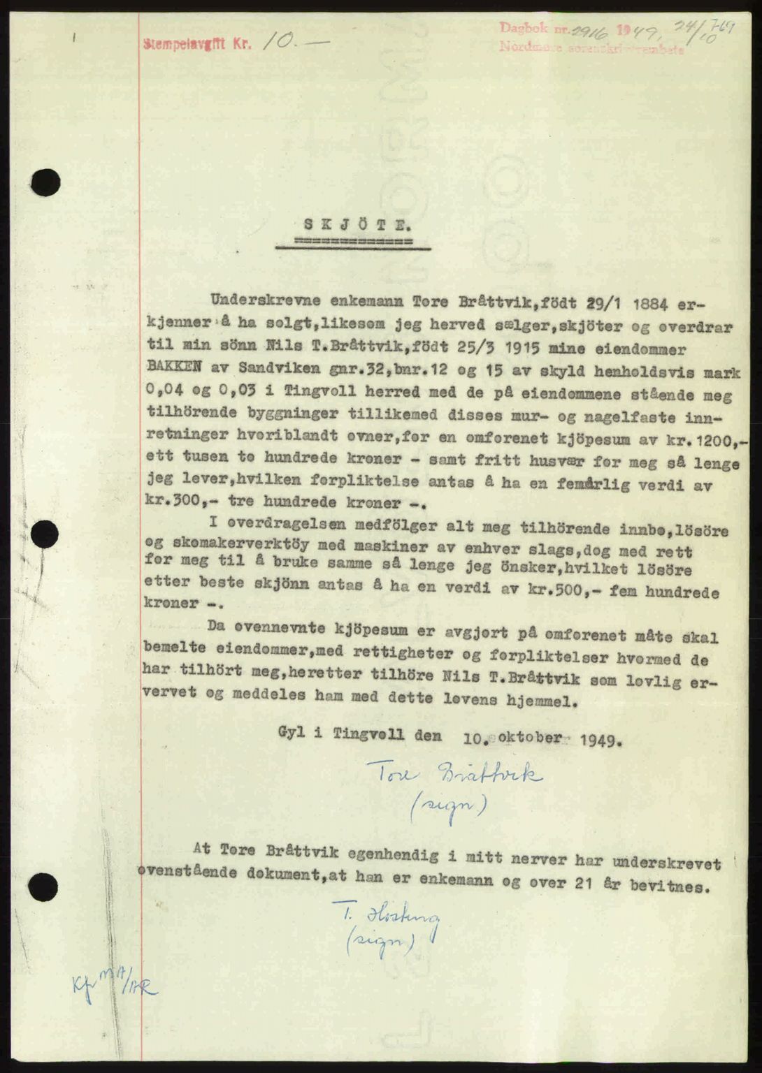 Nordmøre sorenskriveri, SAT/A-4132/1/2/2Ca: Pantebok nr. A112, 1949-1949, Dagboknr: 2916/1949