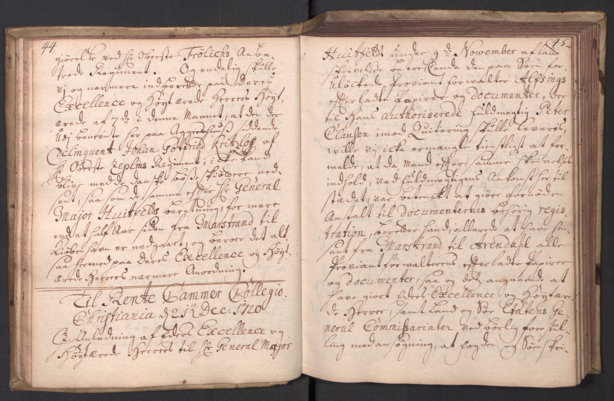 Kommanderende general (KG I) med Det norske krigsdirektorium, AV/RA-EA-5419/B/L0008: Kommanderende generals kopibok, 1720-1721, s. 44-45