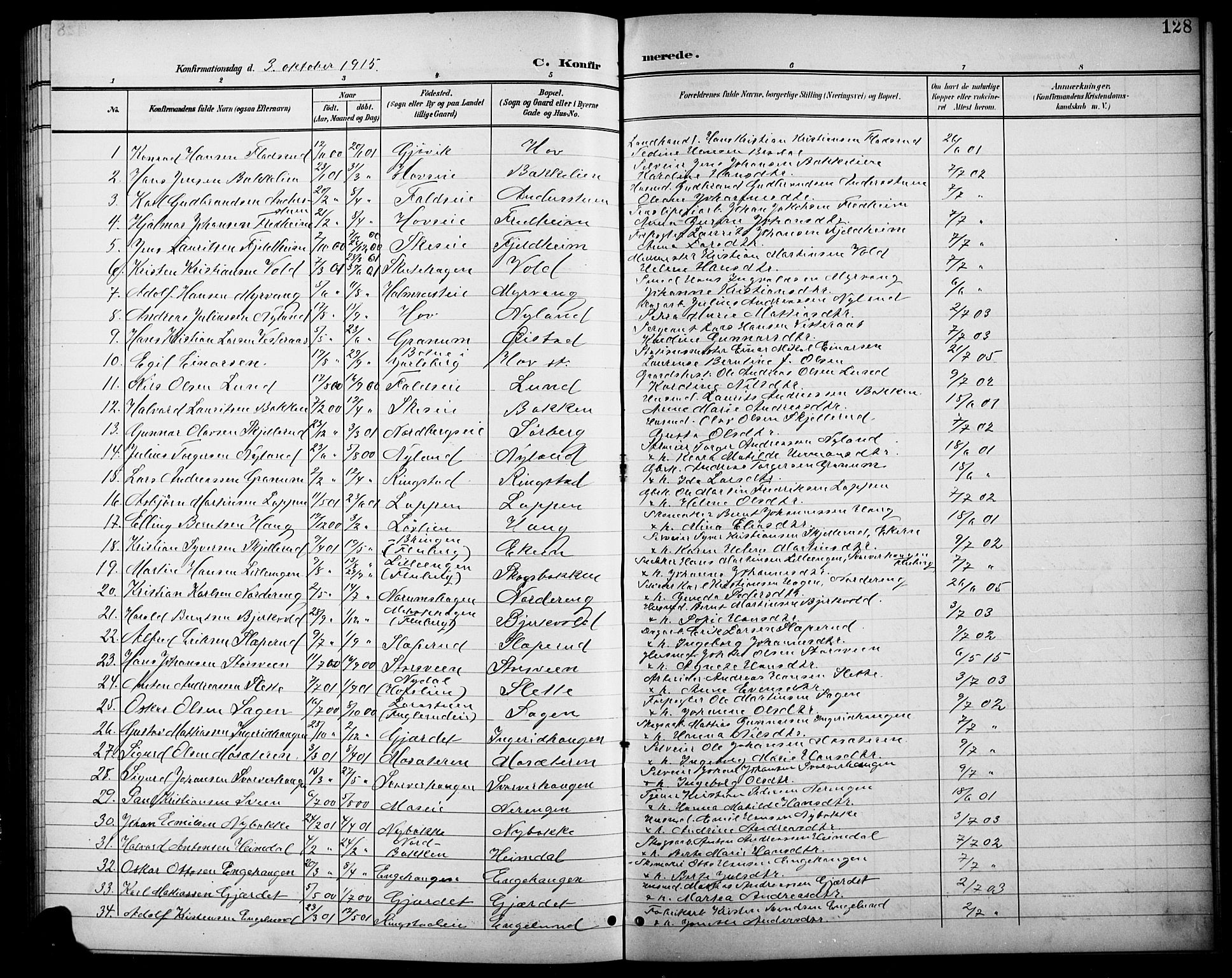 Søndre Land prestekontor, AV/SAH-PREST-122/L/L0004: Klokkerbok nr. 4, 1901-1915, s. 128