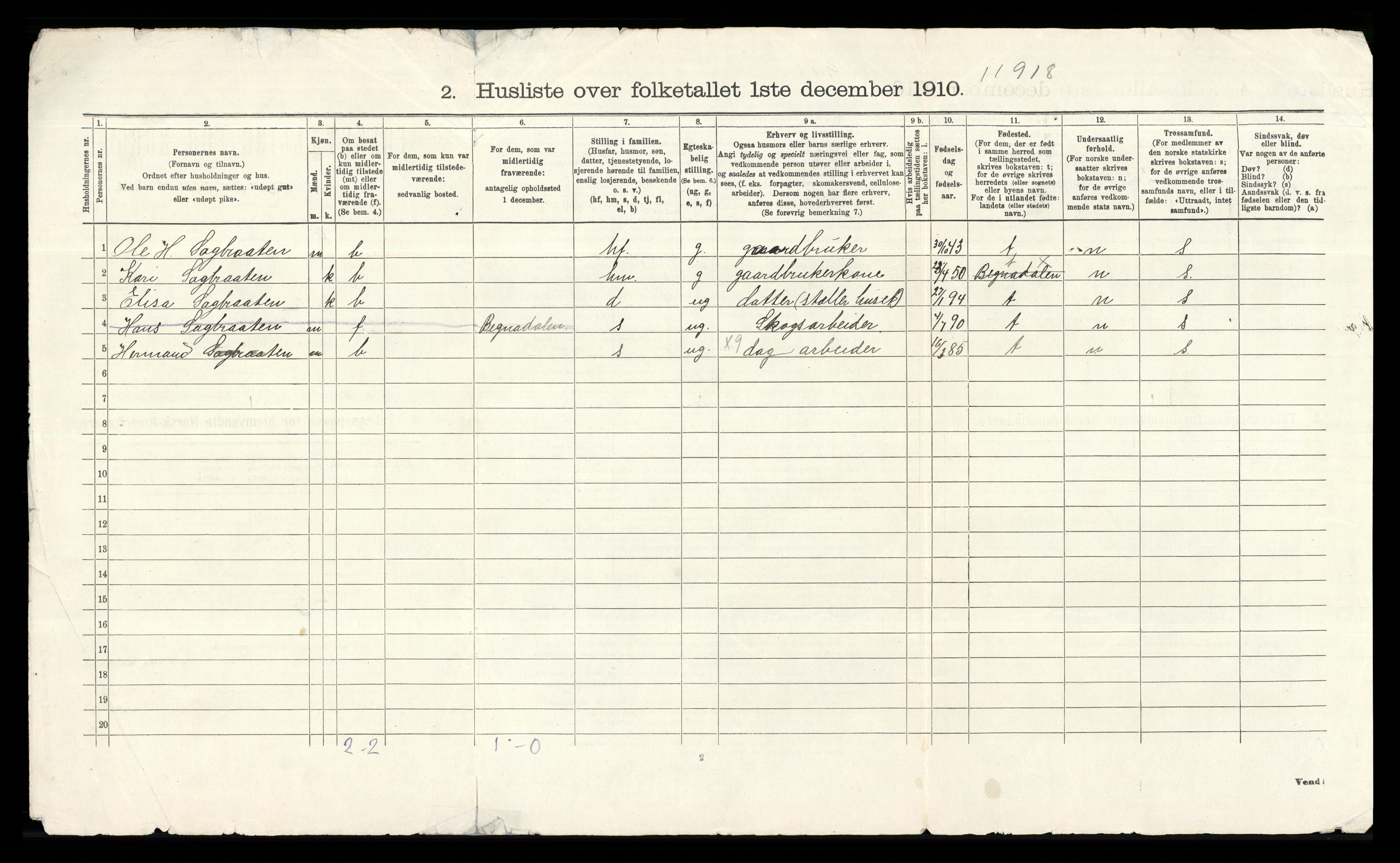 RA, Folketelling 1910 for 0540 Sør-Aurdal herred, 1910, s. 50