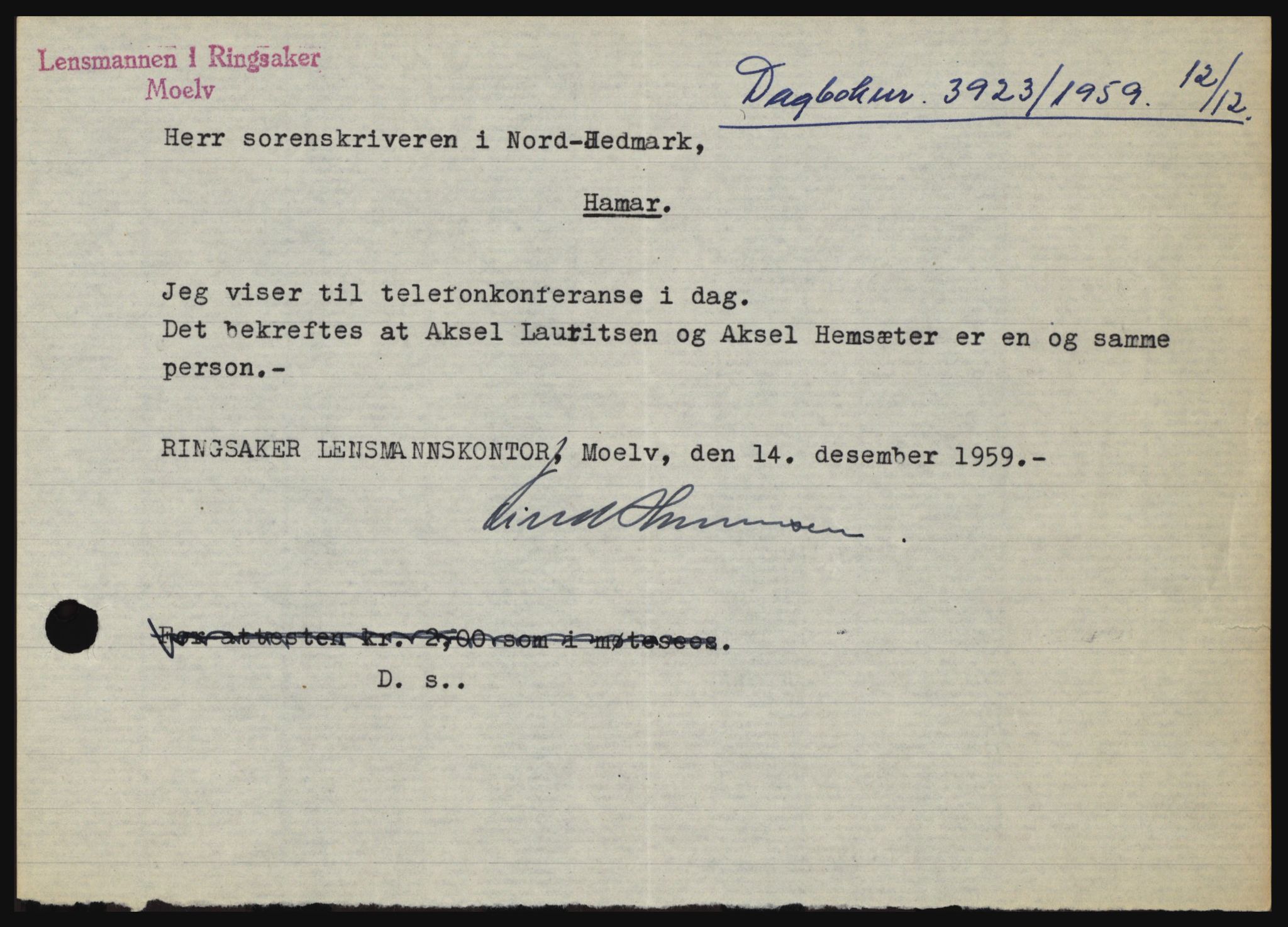 Nord-Hedmark sorenskriveri, SAH/TING-012/H/Hc/L0013: Pantebok nr. 13, 1959-1960, Dagboknr: 3923/1959