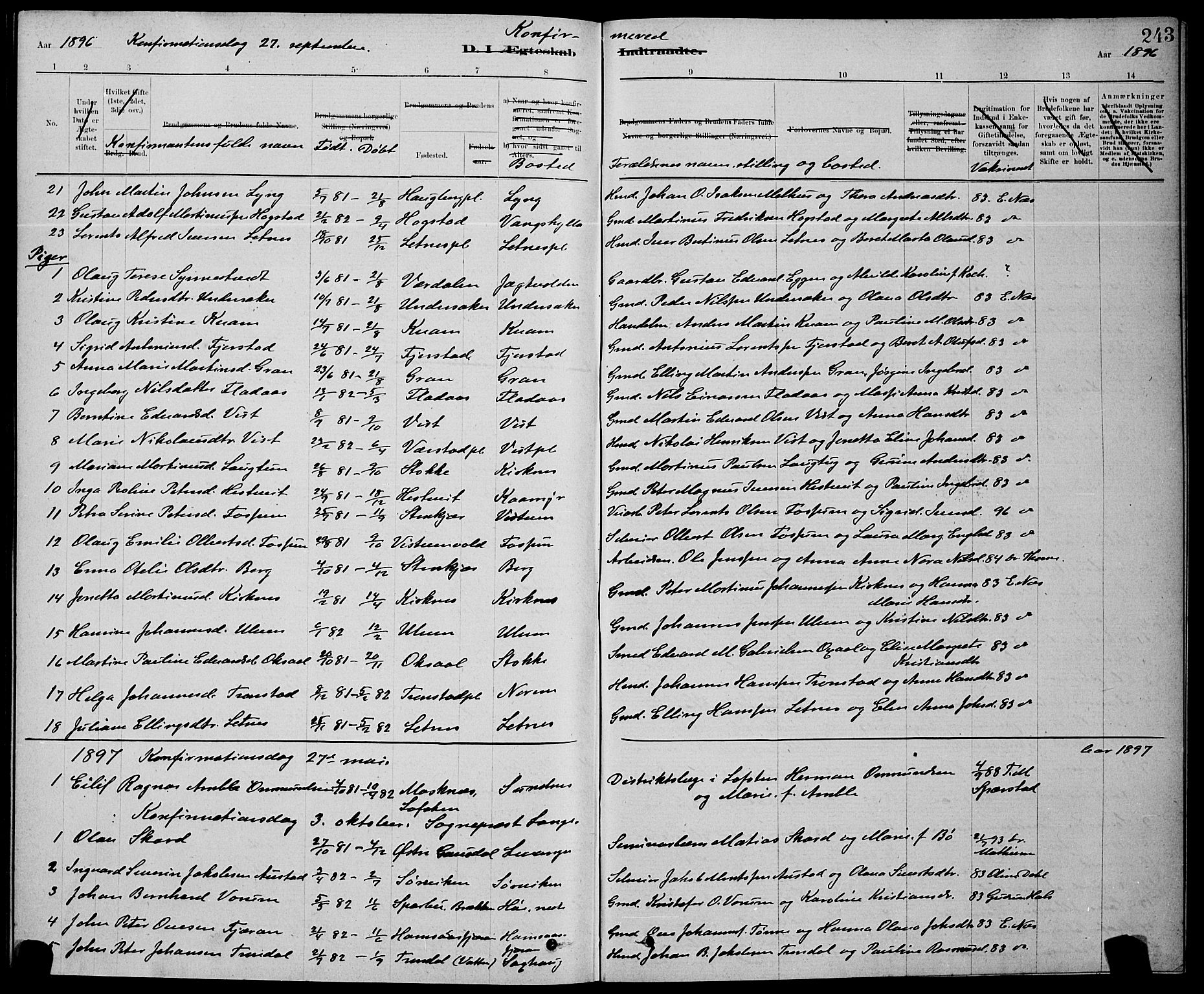 Ministerialprotokoller, klokkerbøker og fødselsregistre - Nord-Trøndelag, SAT/A-1458/730/L0301: Klokkerbok nr. 730C04, 1880-1897, s. 243