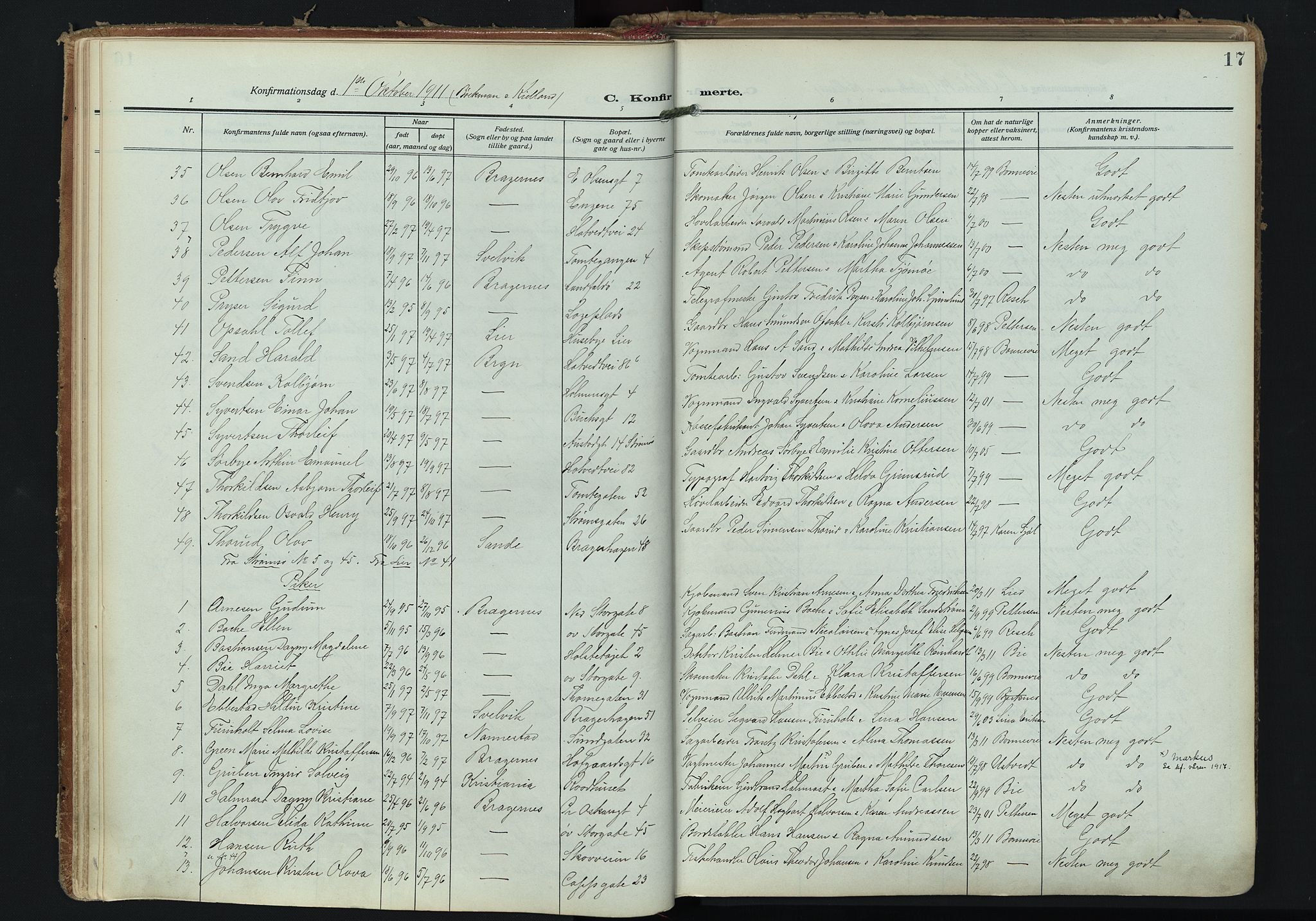 Bragernes kirkebøker, AV/SAKO-A-6/F/Fc/L0008: Ministerialbok nr. III 8, 1909-1921, s. 17