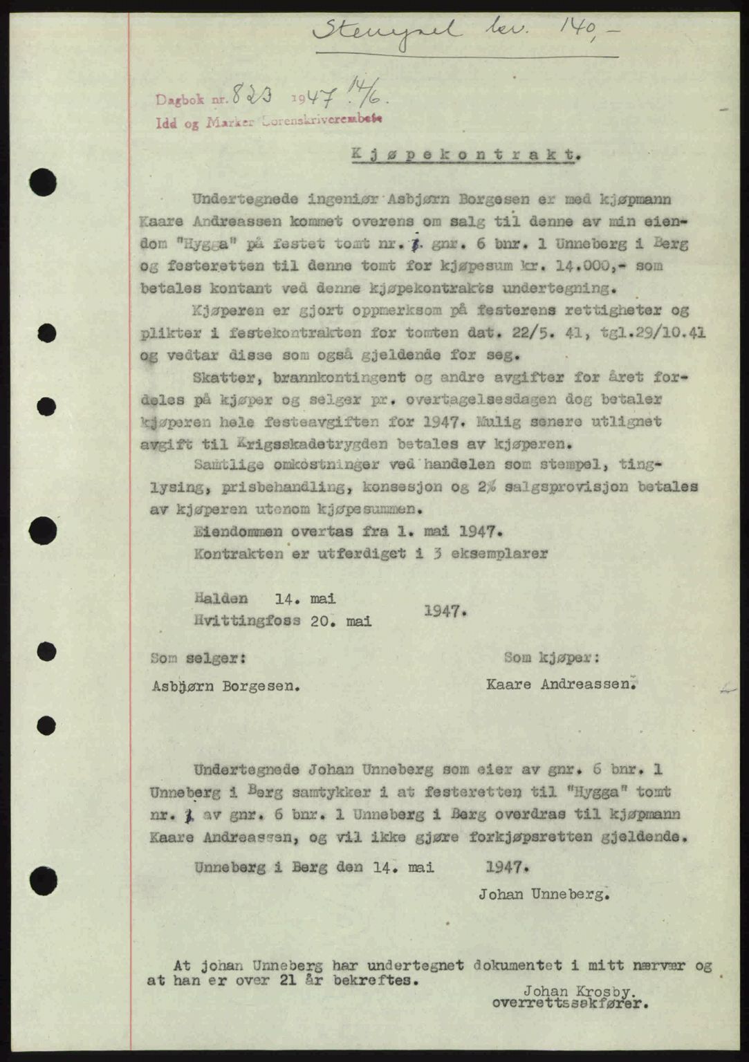 Idd og Marker sorenskriveri, SAO/A-10283/G/Gb/Gbb/L0009: Pantebok nr. A9, 1946-1947, Dagboknr: 823/1947