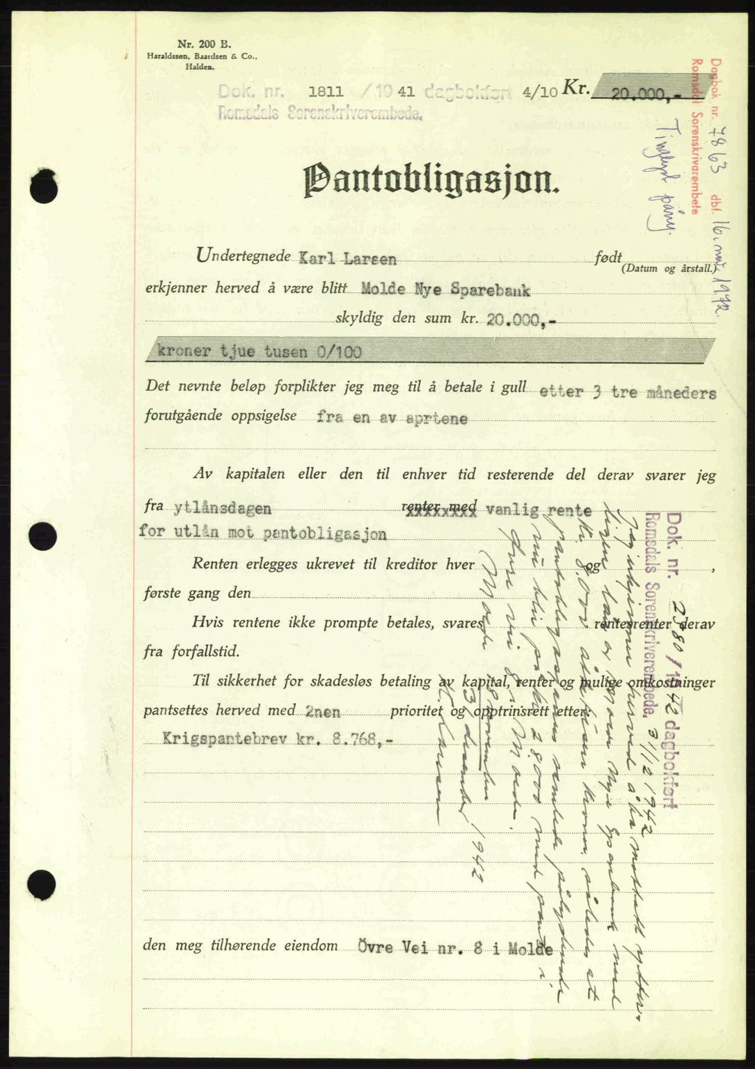 Romsdal sorenskriveri, AV/SAT-A-4149/1/2/2C: Pantebok nr. B2, 1939-1945, Dagboknr: 1811/1941