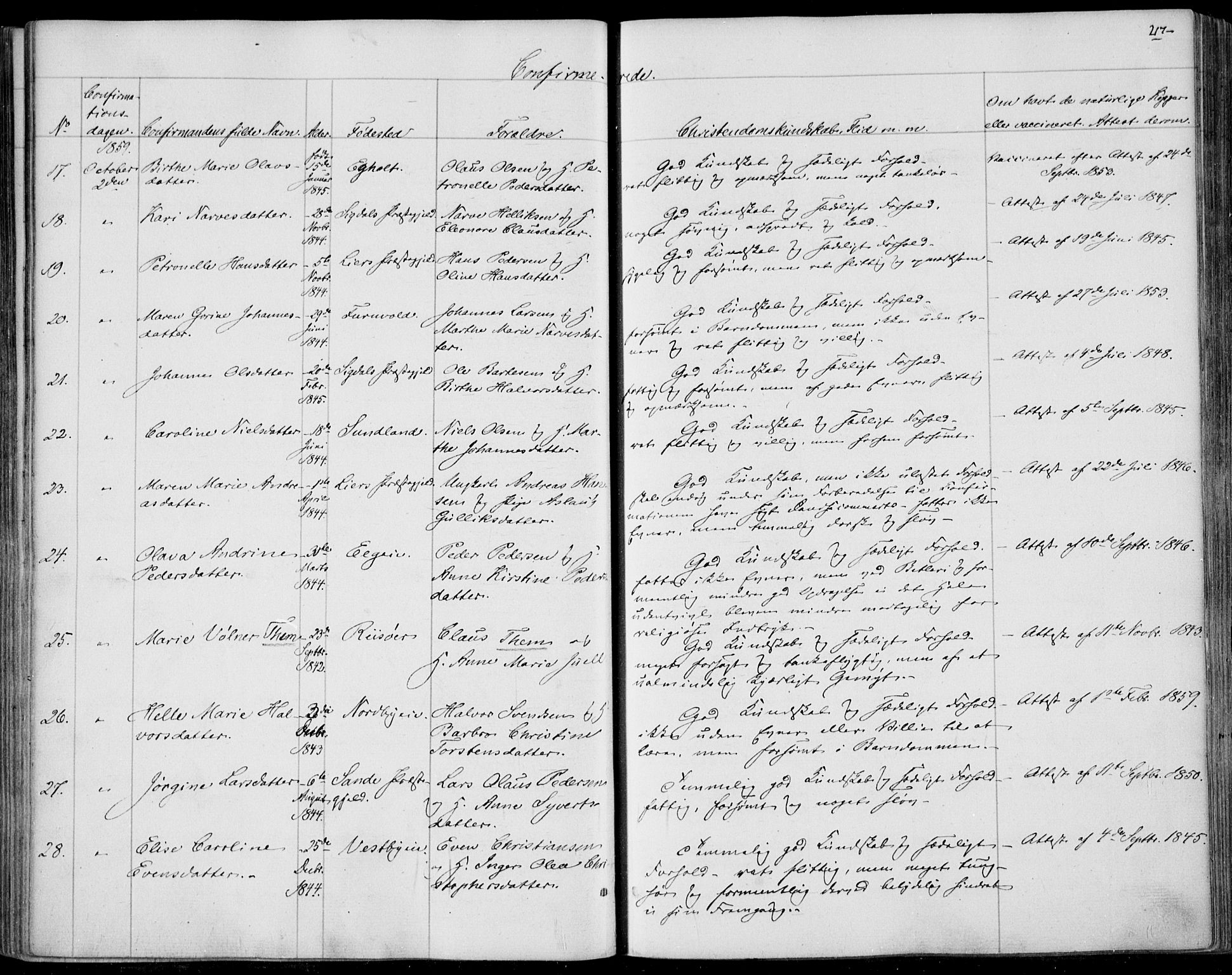Skoger kirkebøker, AV/SAKO-A-59/F/Fa/L0003: Ministerialbok nr. I 3, 1842-1861, s. 217