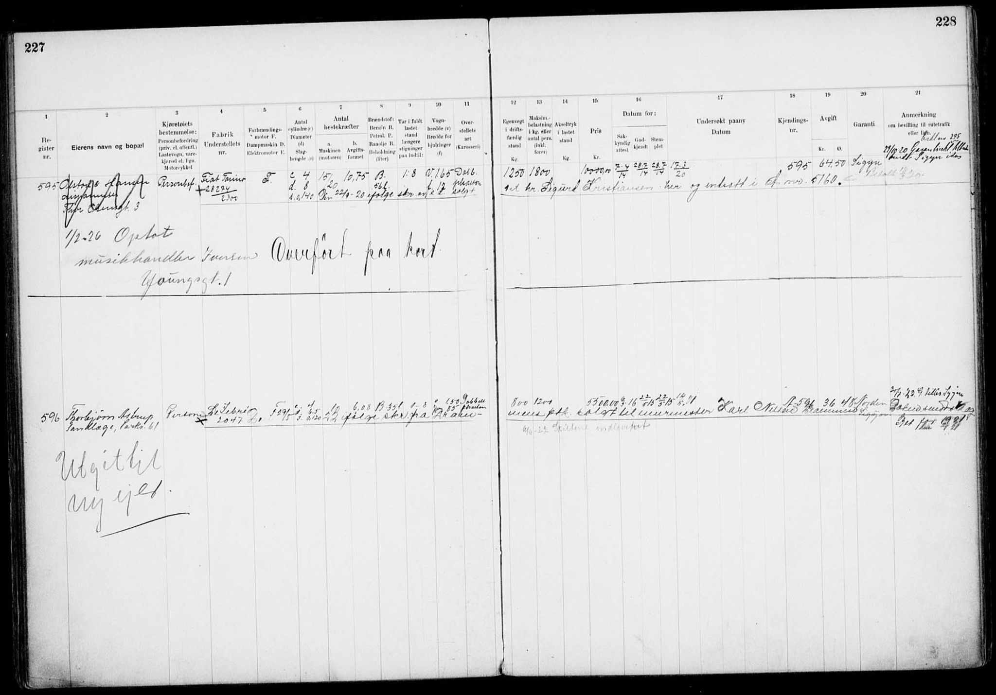 Vegdirektoratet, Bilavdelingen M, AV/RA-S-1663/F/Fa/L0002: Bilregisterprotokoll. Reg.nr. A1-A29 og A400-A902, 1913-1926, s. 227-228