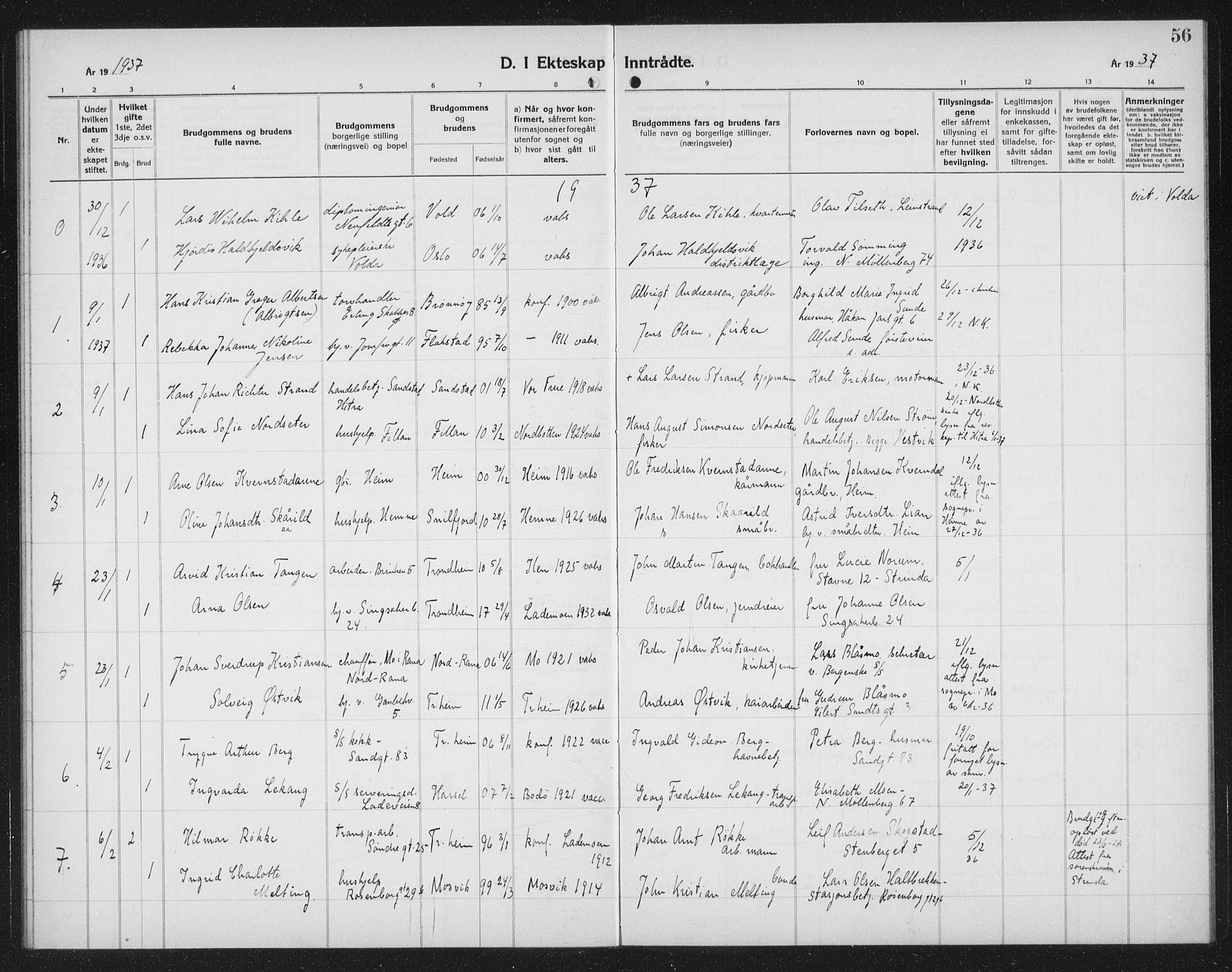 Ministerialprotokoller, klokkerbøker og fødselsregistre - Sør-Trøndelag, SAT/A-1456/602/L0152: Klokkerbok nr. 602C20, 1933-1940, s. 56