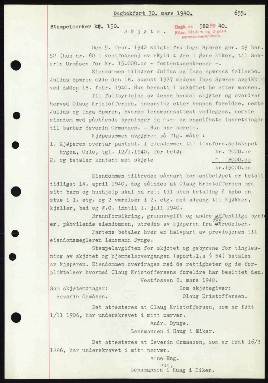 Eiker, Modum og Sigdal sorenskriveri, SAKO/A-123/G/Ga/Gab/L0041: Pantebok nr. A11, 1939-1940, Dagboknr: 582/1940