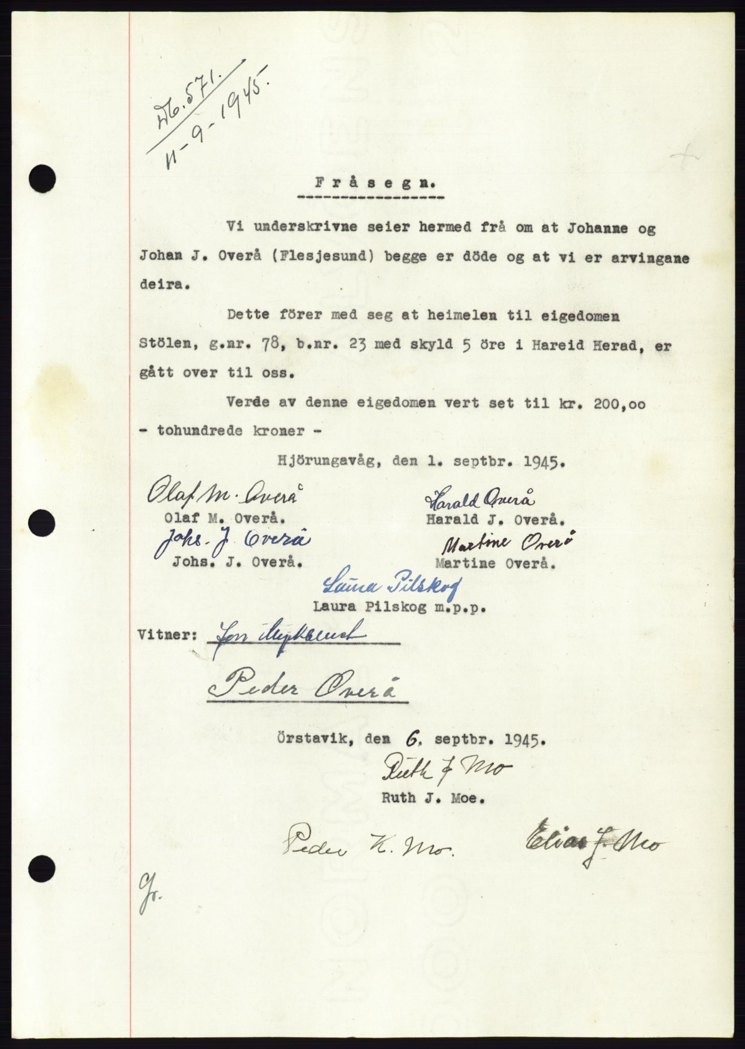 Søre Sunnmøre sorenskriveri, SAT/A-4122/1/2/2C/L0077: Pantebok nr. 3A, 1945-1946, Dagboknr: 571/1945