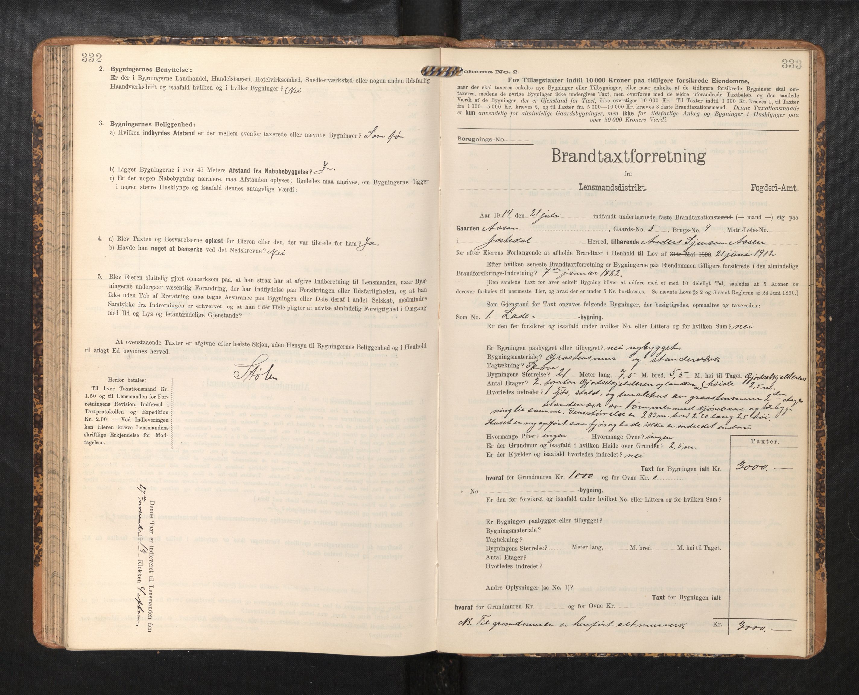 Lensmannen i Jostedal, SAB/A-28601/0012/L0004: Branntakstprotokoll, skjematakst, 1906-1919, s. 332-333