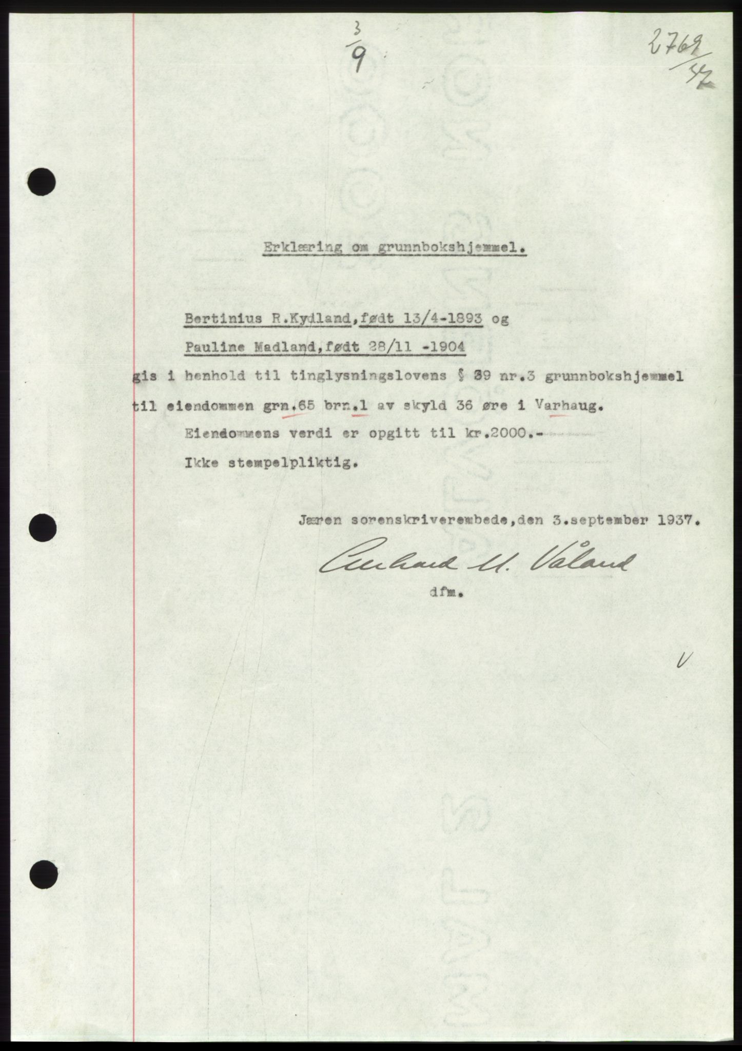 Jæren sorenskriveri, SAST/A-100310/03/G/Gba/L0069: Pantebok, 1937-1937, Dagboknr: 2769/1937