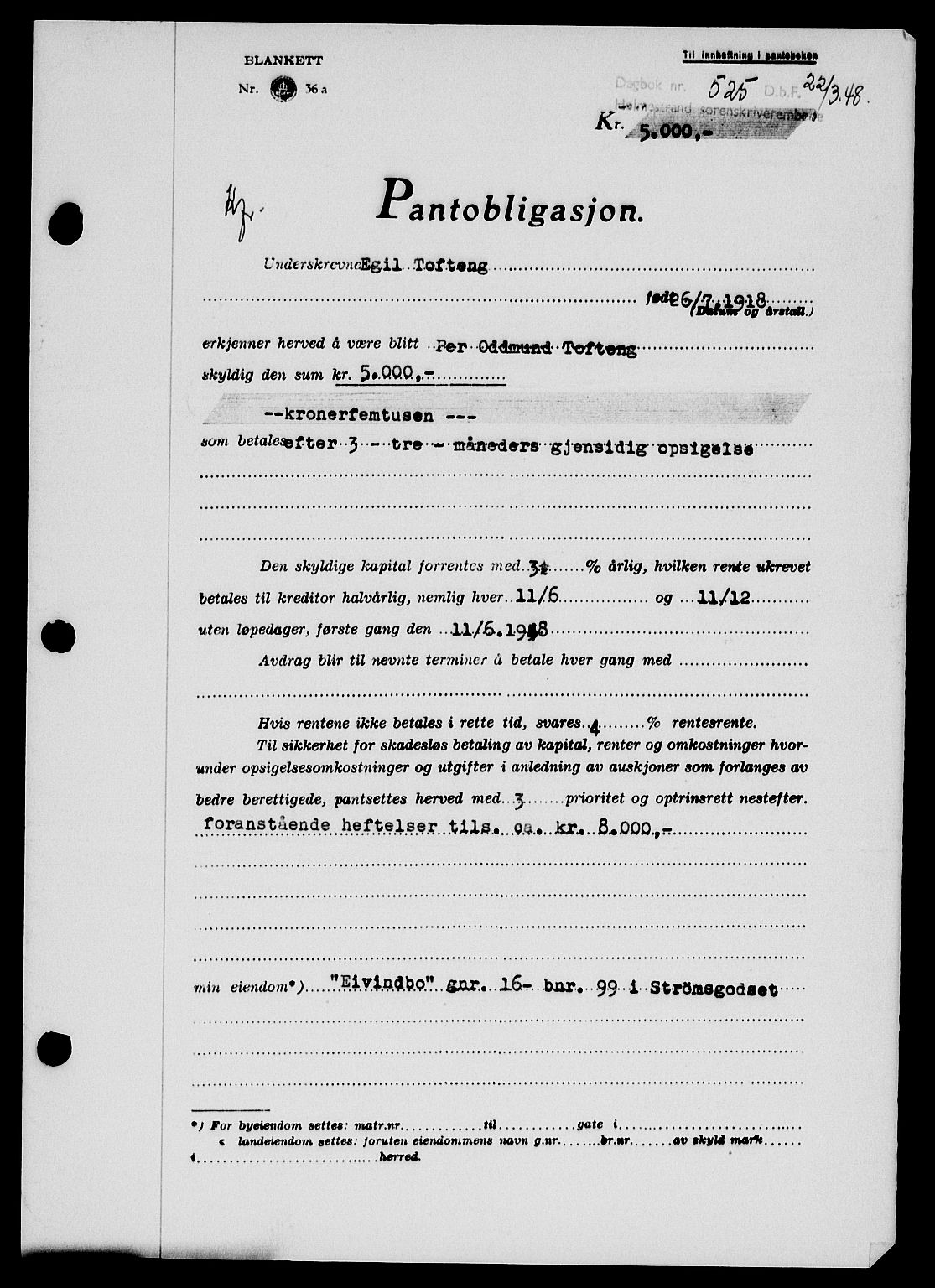 Holmestrand sorenskriveri, SAKO/A-67/G/Ga/Gab/L0058: Pantebok nr. B-58, 1947-1948, Dagboknr: 525/1948