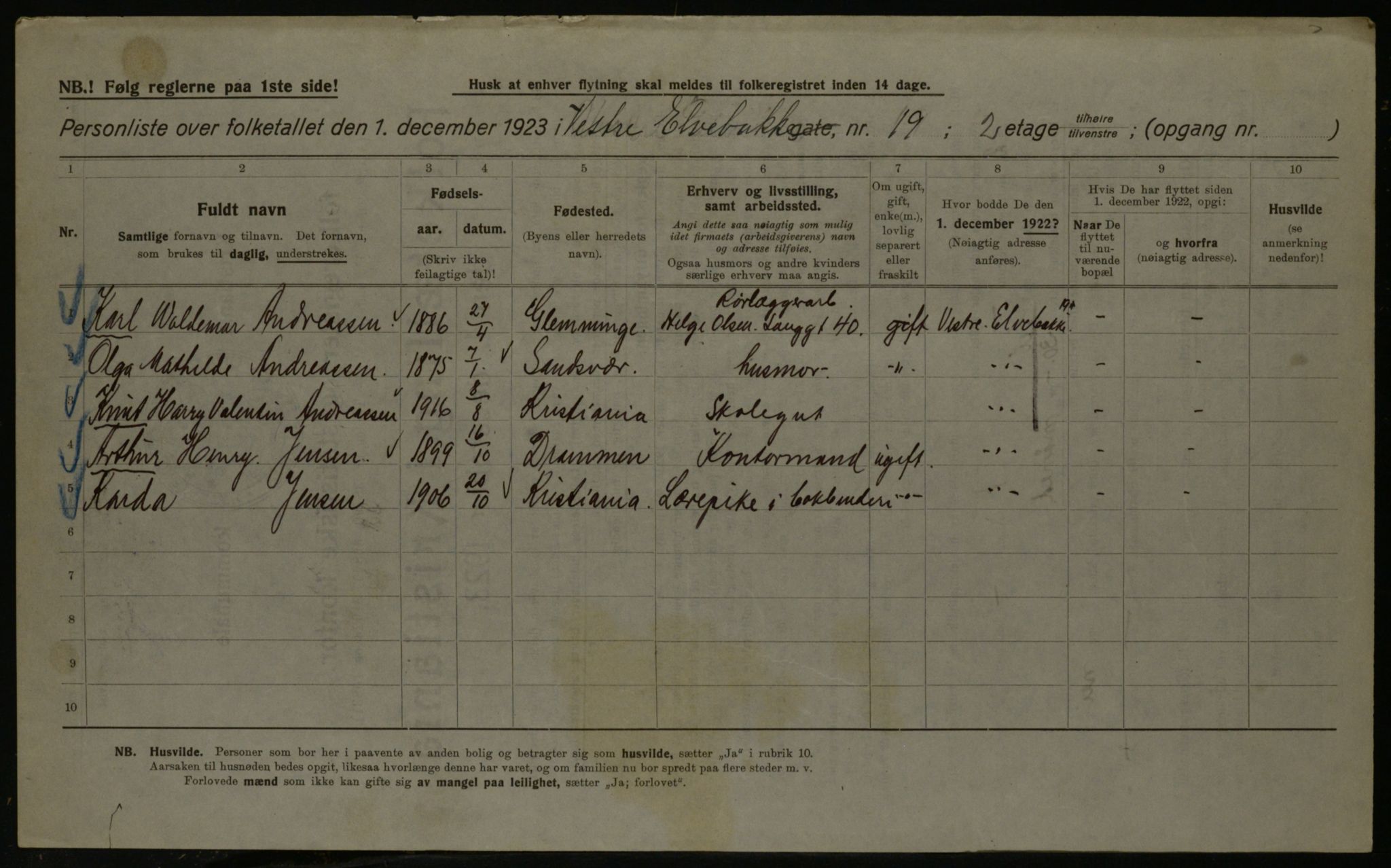 OBA, Kommunal folketelling 1.12.1923 for Kristiania, 1923, s. 135383