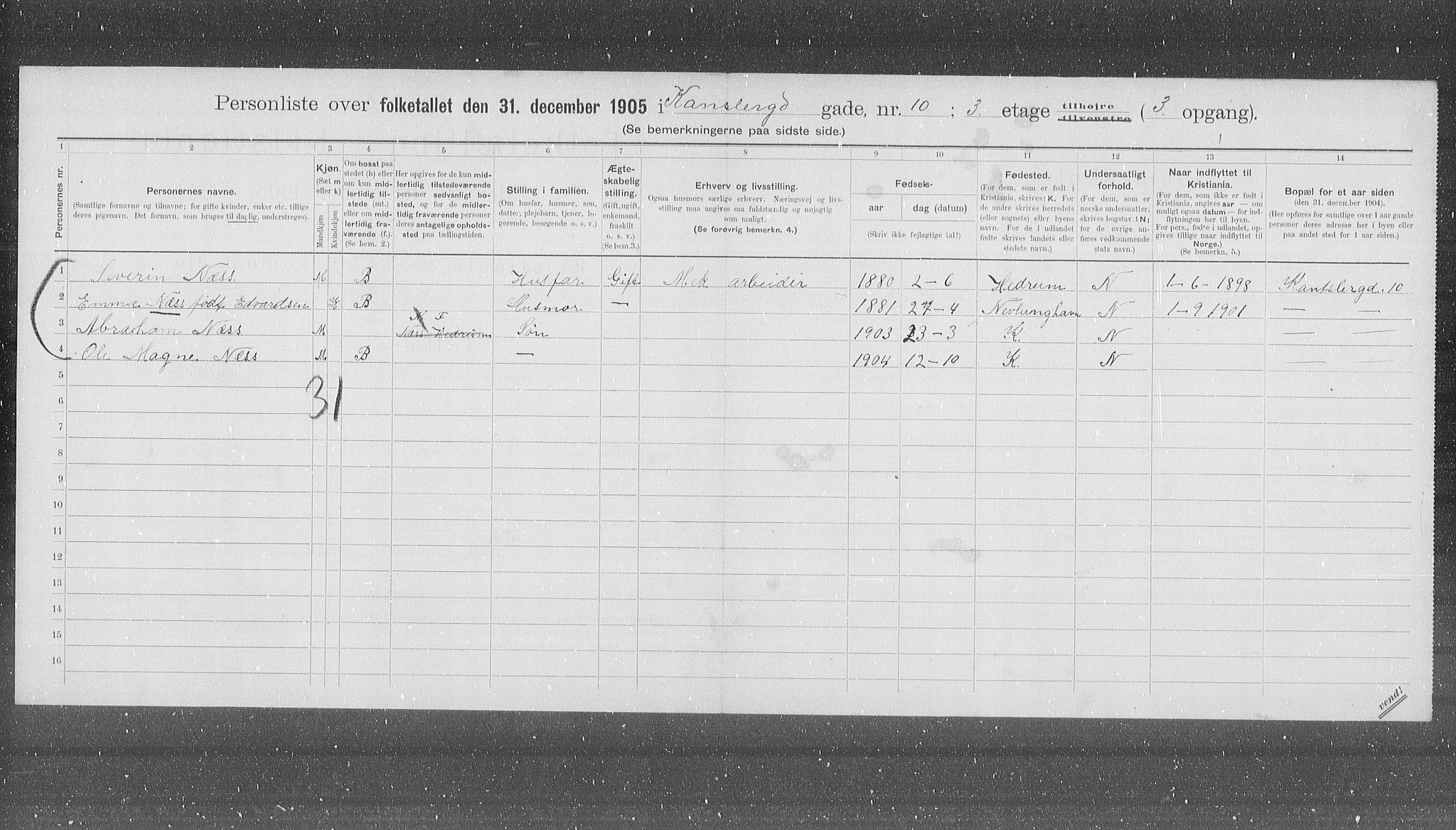 OBA, Kommunal folketelling 31.12.1905 for Kristiania kjøpstad, 1905, s. 25264