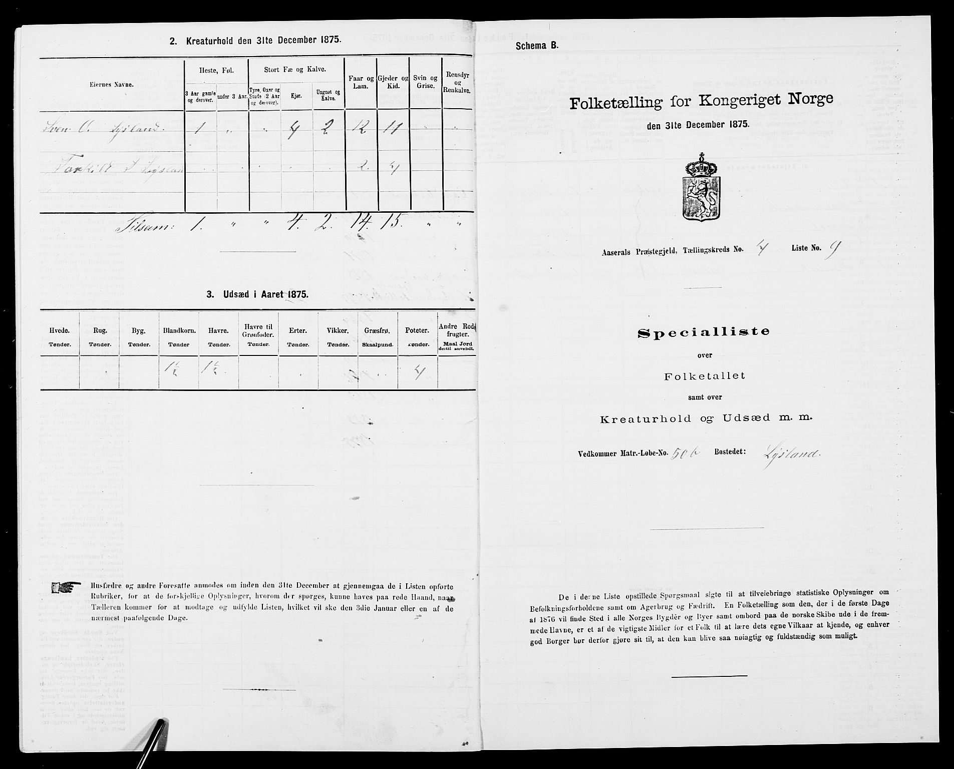 SAK, Folketelling 1875 for 0980P Åseral prestegjeld, 1875, s. 297