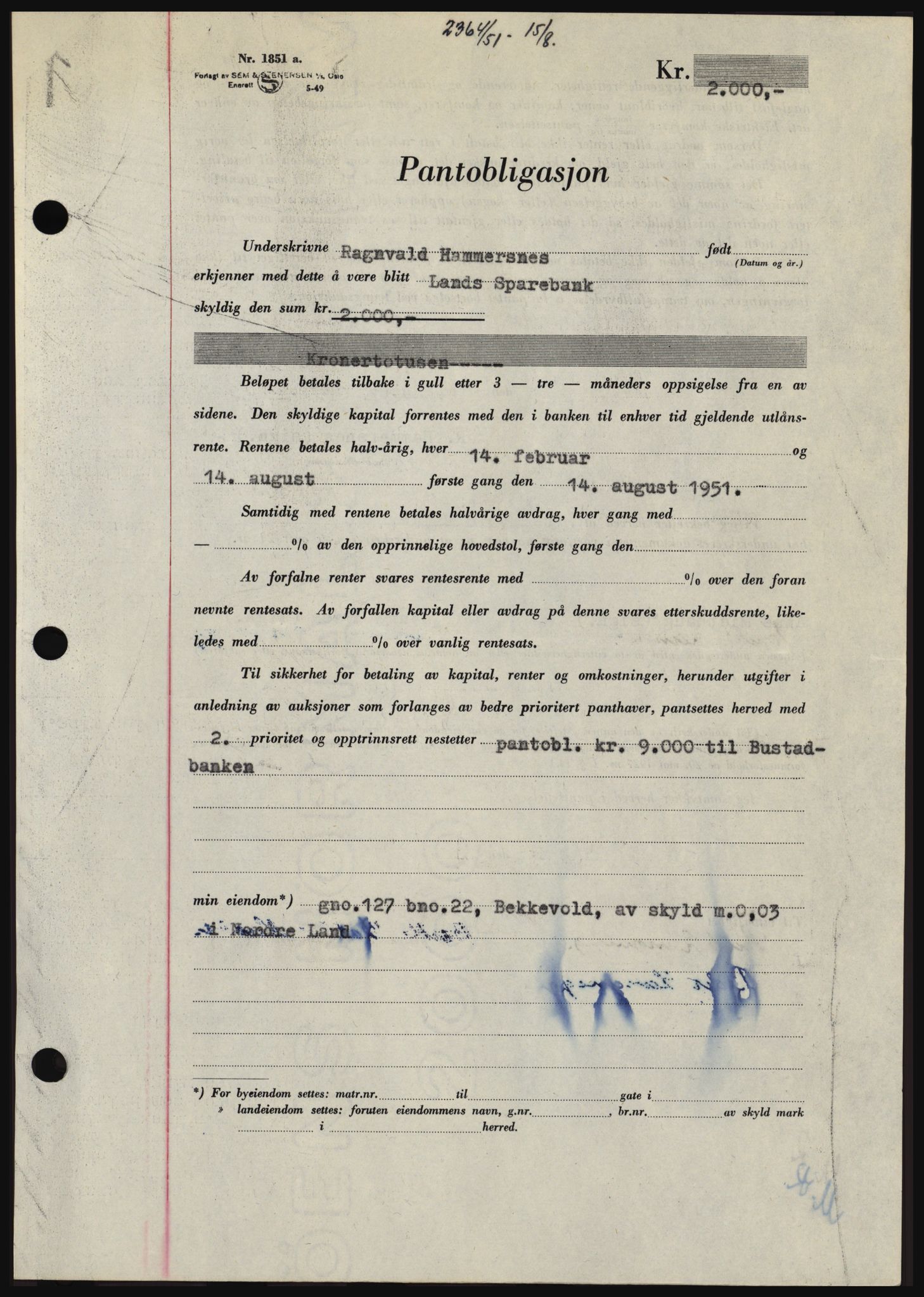 Hadeland og Land tingrett, SAH/TING-010/H/Hb/Hbc/L0022: Pantebok nr. B22, 1951-1951, Dagboknr: 2364/1951