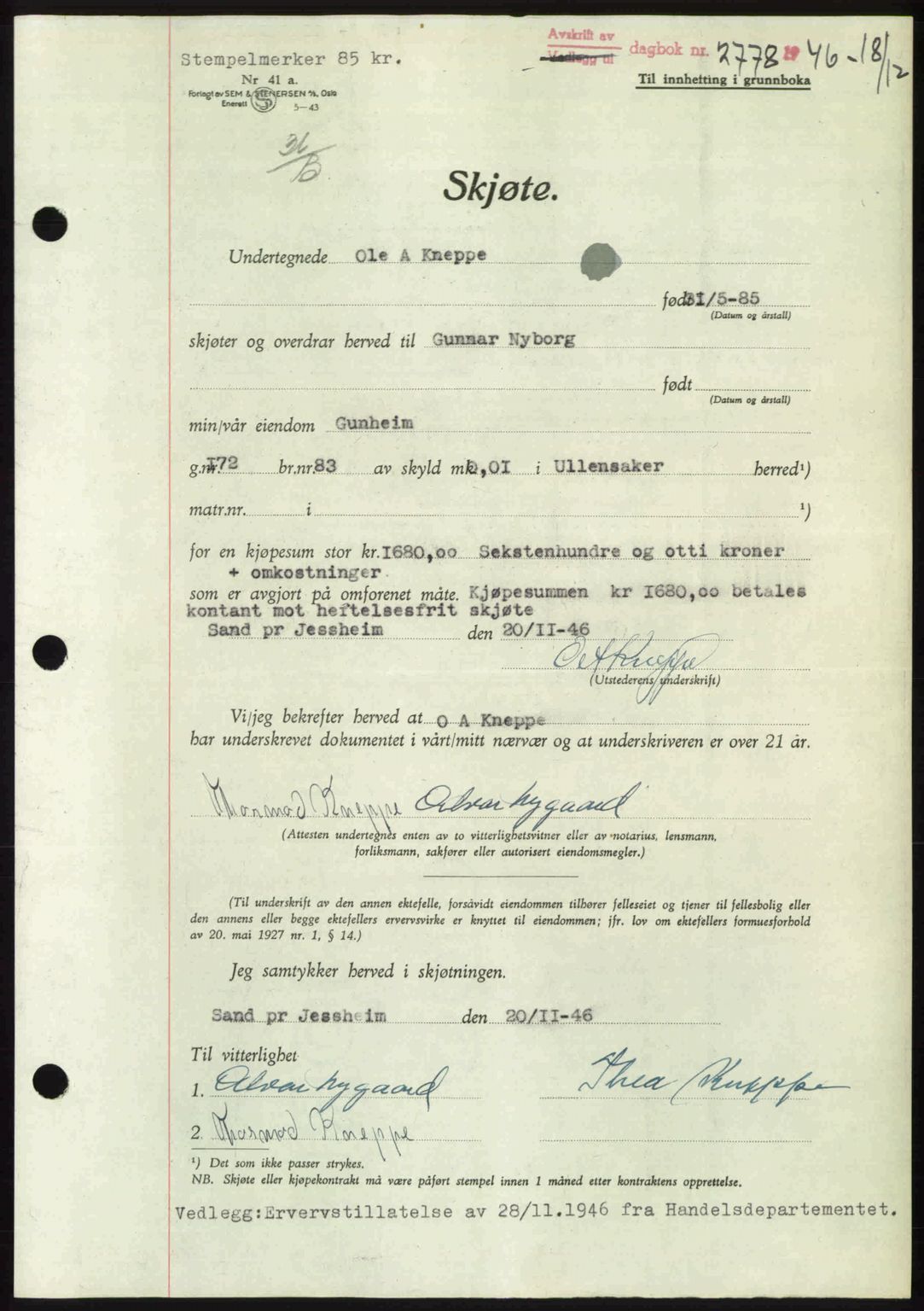 Eidsvoll tingrett, SAO/A-10371/G/Gb/Gbb/L0015: Pantebok nr. A43, 1946-1947, Dagboknr: 2778/1946